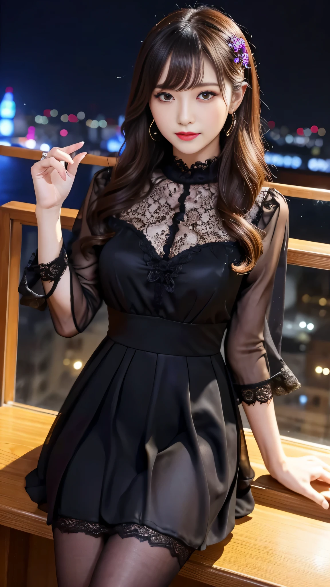 Super detailed、Japanese、charming beauty、seductive adult woman、Dainty woman、sharp eyes、cool girl、wavy hair、suit、Black chiffon、lacy fabric、wide sleeve、wearing a lace insert dress、white blouse、Tight Skirt、flower pantyhose、Shiny legs、evilの幹部、evil depravity、brainwashing、Mind control、lipstick、grin、邪evilなな表情、evil、empty eyes、邪evilな、Church at night、reach out
