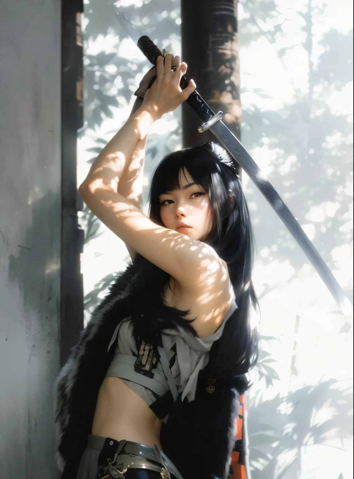 there is a woman with a sword in her hand, unsheathing her Samurai sword, holding a sword on her shoulder, she is holding a Samurai sword sword, The long sword in her hand, Inspired by large bamboo leaves, Black-haired Ishidaho, she is holding a sword, Samurai sword, With a big sword, Samurai swords strapped to her back