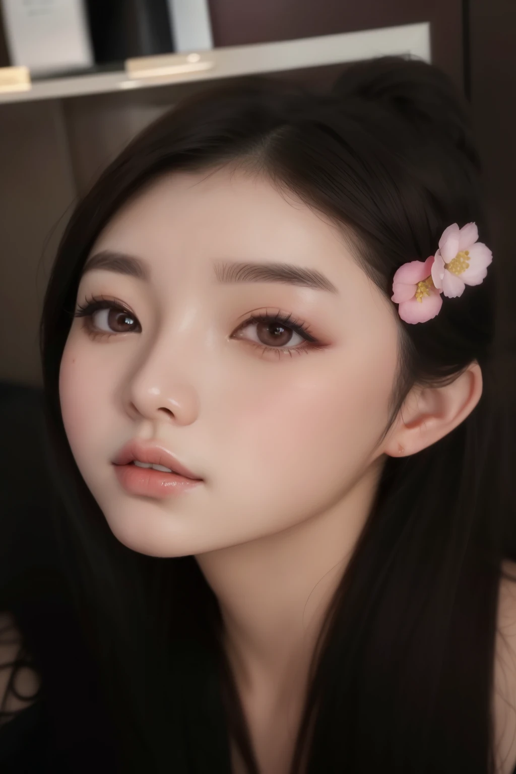 Un primer plano de una mujer con una flor rosa en el pelo, maquillaje popular de corea del sur, maquillaje coreano popular, joven y adorable rostro coreano, pale korean adorable face, rasgos de la cara coreana, lindos ojos redondos rasgados, retrato realista kawaii, ulzzang, maquillaje suave, muchacha coreana, bella delfina, hermoso rostro estetico, hermosa mujer surcoreana, linda cara de anime natural