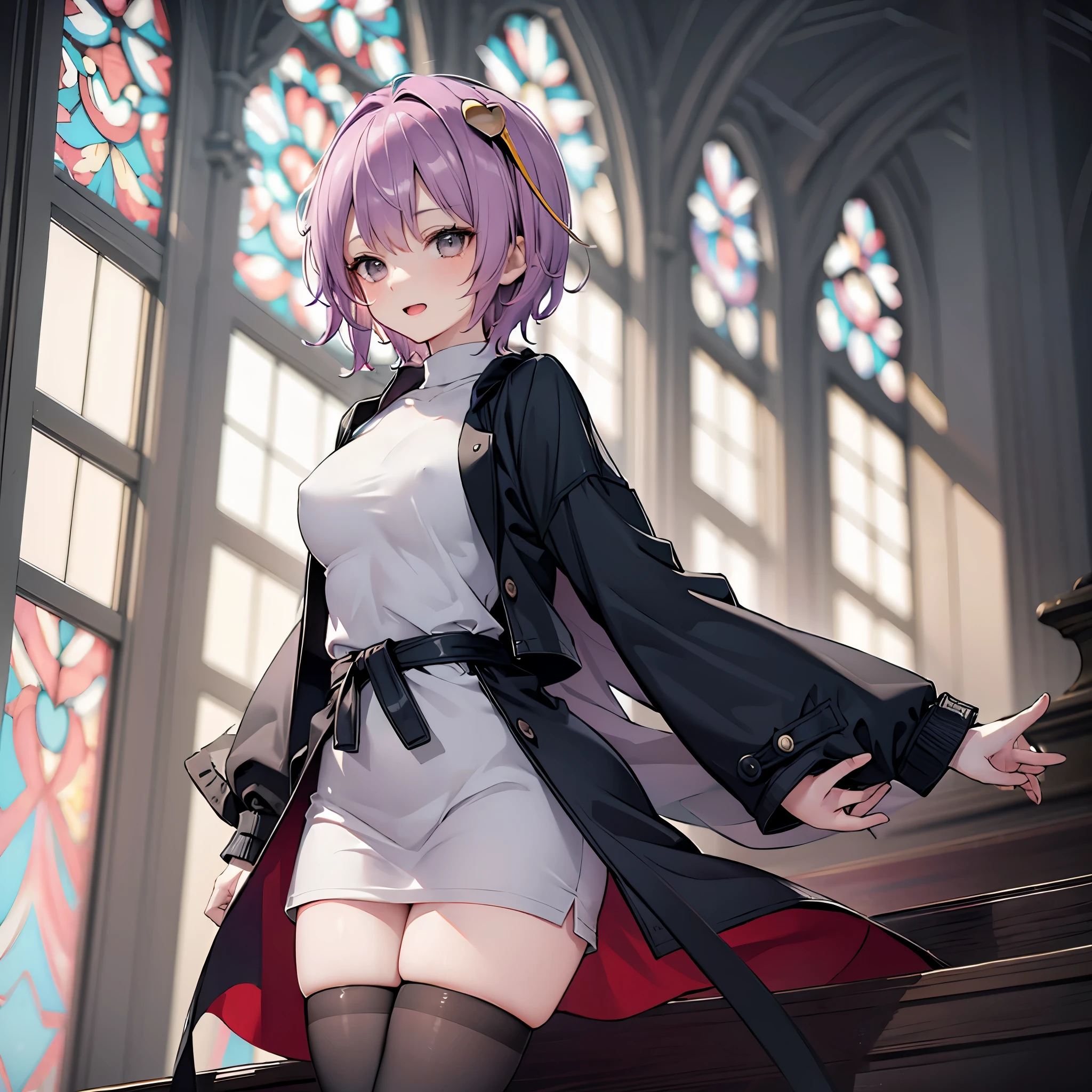 (Satori toho character:1.1), (solo), (standing in church), (stained glass), BREAK, short hair, large perky breasts, (inconceivably short torso), (inconceivably thin waist:1.2), (very long legs), BREAK, (very short cropped coat:1.4), (black thighhighs:1.35), (very short black one-piece:1.5), BREAK, nose blush, sad smile, open mouth, BREAK, masterpiece, ultra-detailed, ultra high resolution, full body