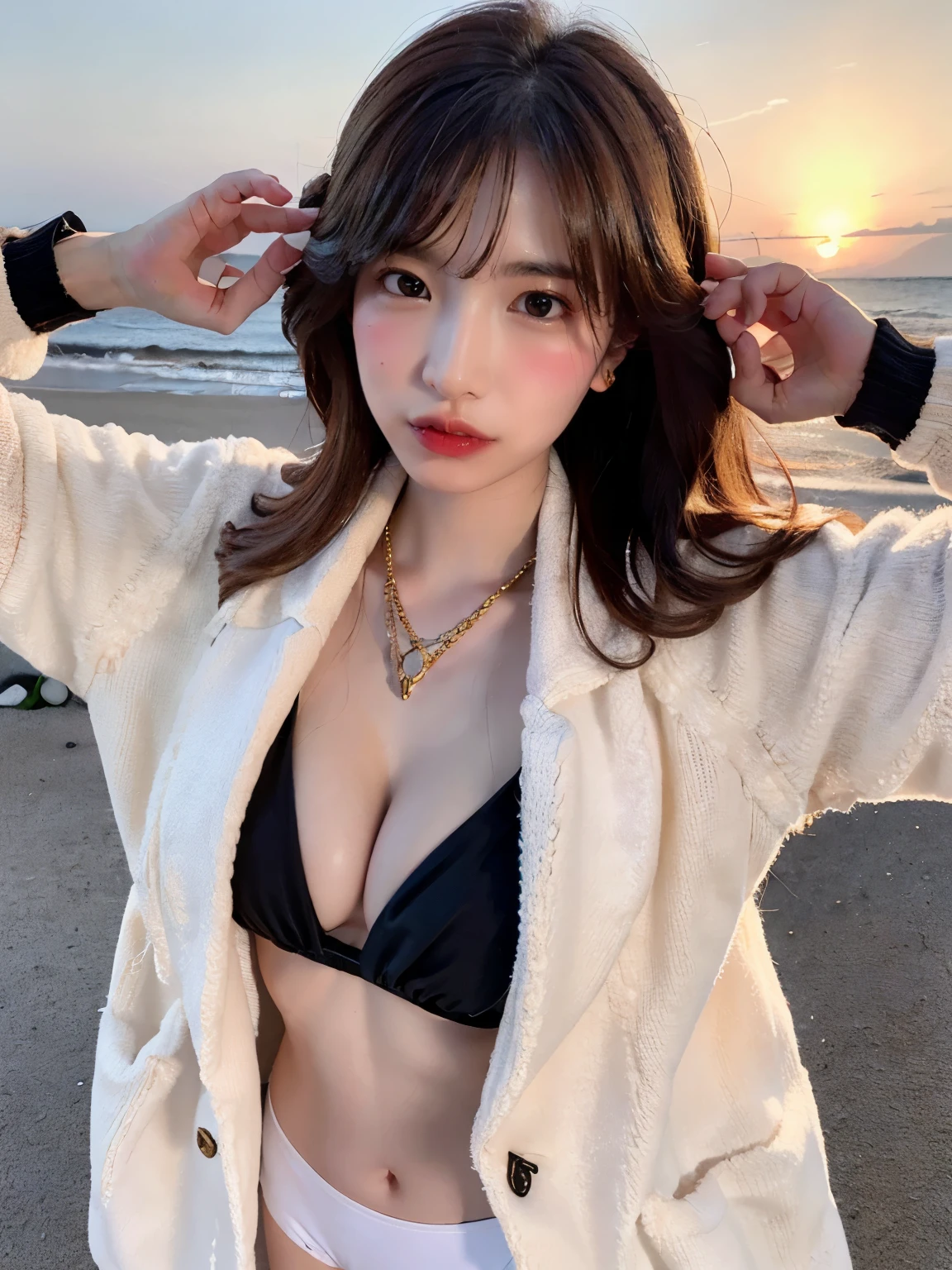 (masterpiece:1.3), High resolution, Super detailed, Highly detailed CG Unity 8K wallpaper, realistic, photo-realistic, RAW photo, beautiful detailed face, white skin, realistic glistening skin, fine cloth texture, detailed hair texture, perfect body, beautiful face, Accurate, anatomically correct, Highly detailed face and skin texture, natural neck length, shiny gold necklace, (beautiful hands), (Fair skin:1.2), thin legs, thin legs, sexy thighs, (sweaty skin:1.2),
break,
fine eyes, symmetrical eyes, light brown eyes, double eyelid, thin eyebrows, (glossy lips:1.4), (sleepy face:1.2), (blush:1.1),
break,
(((1 girl:1.3))), ((Wear an oversized knit coat over a trendy swimsuit:1.2)), (cross strap sandals:1.2),
((big breasts:1.3)), (firm chest:1.1, well-shaped chest:1.2, slender body shape:1.1), toned abdominal muscles,
(((black hair, blonde striped hair:1.2))), (wavy hair, medium long hair:1.2), ((asymmetrical bangs:1.2)),
break,
((Sexy gravure lying pose:1.4)),
((At the beautiful sunset beach:1.4)),
break
(((upper body shot:1.3))), (((From above))),