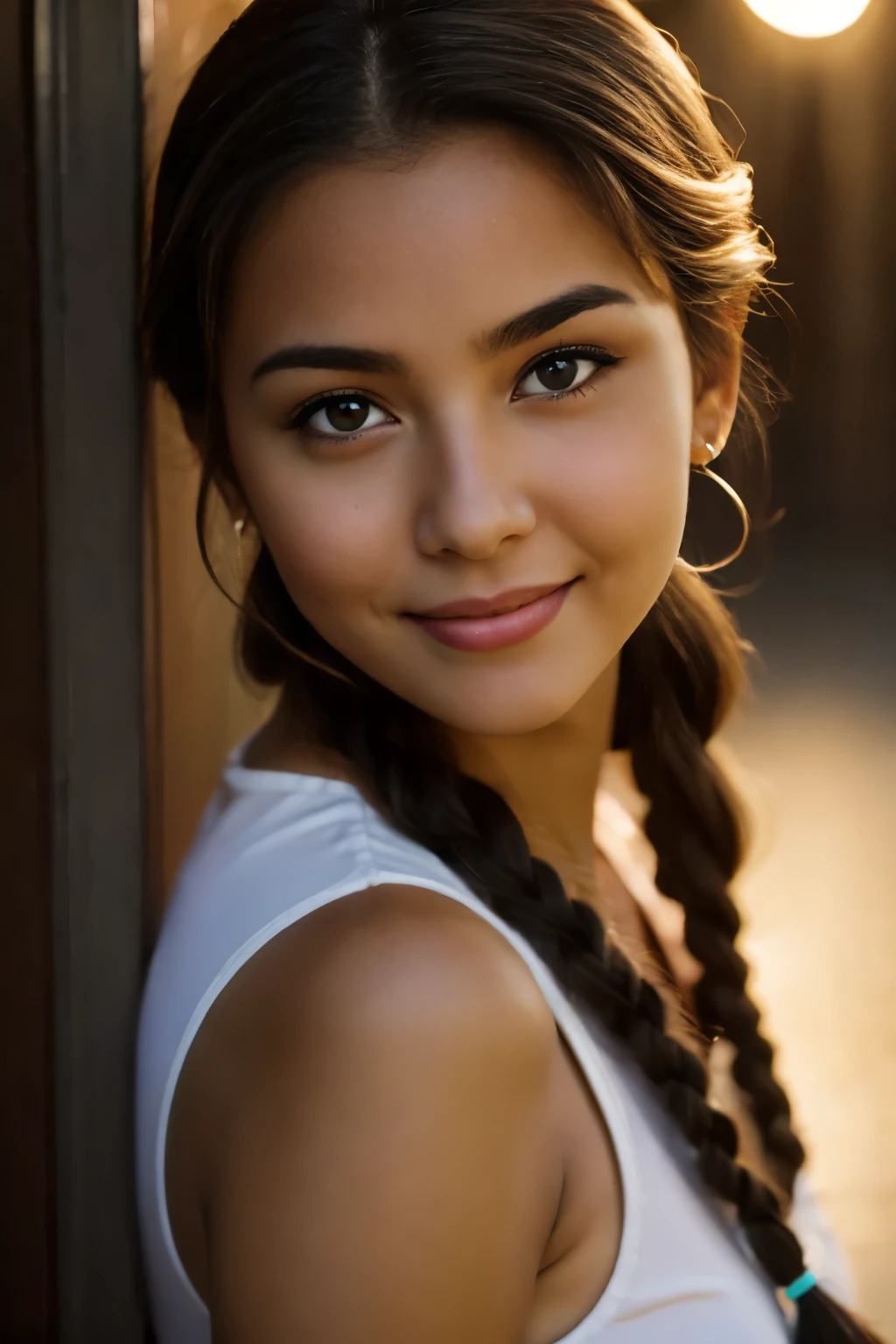 Latin girl. Blonde hair. Dark Eyes. Teen. Young adult. Pretty, Elegant smile, Busty .