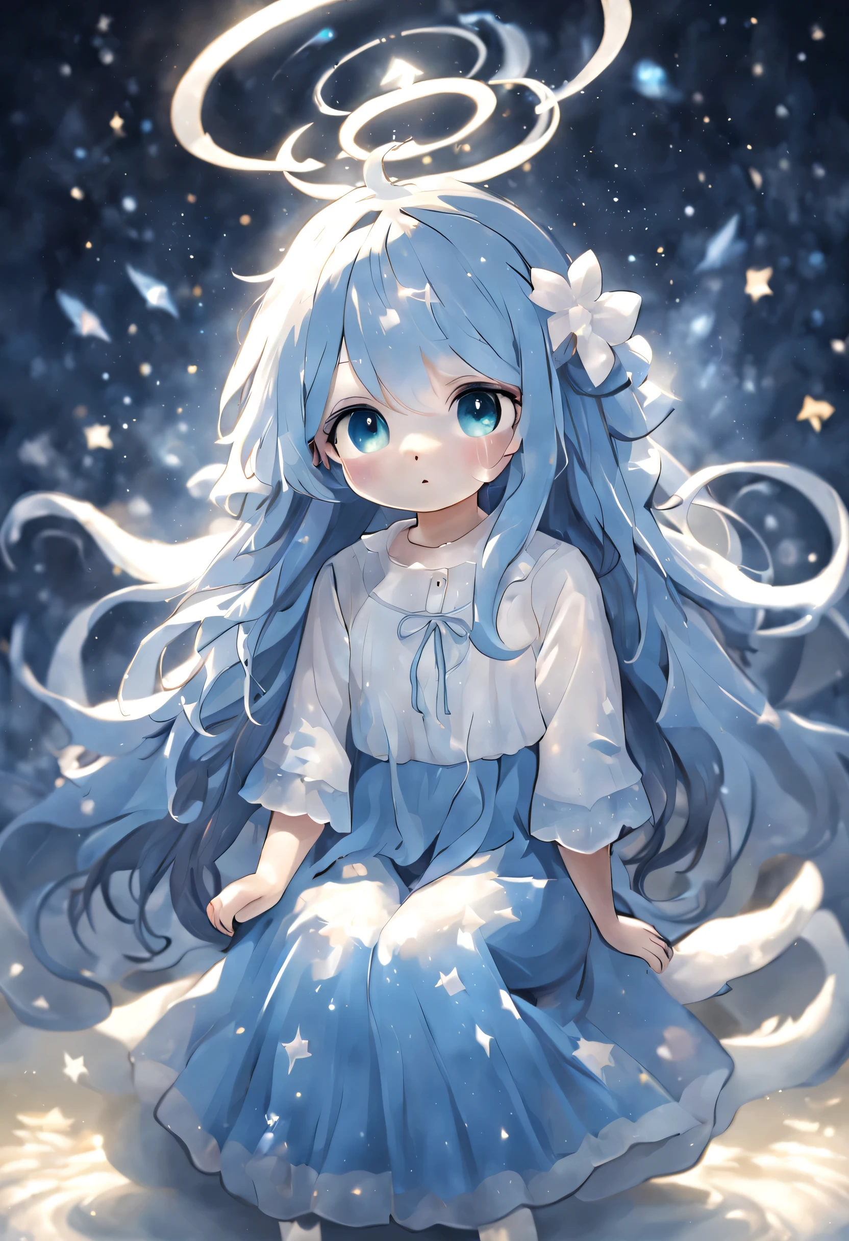 (best quality,4K,8k,high resolution,masterpiece:1.2),super detailed,(actual,lifelike,lifelike的:1.37),long blue hair, blue eyes, flowing blue dress, white top,three quarter sleeves, sitting position, age girl, brushing hair, starry sky background, halo, white cat