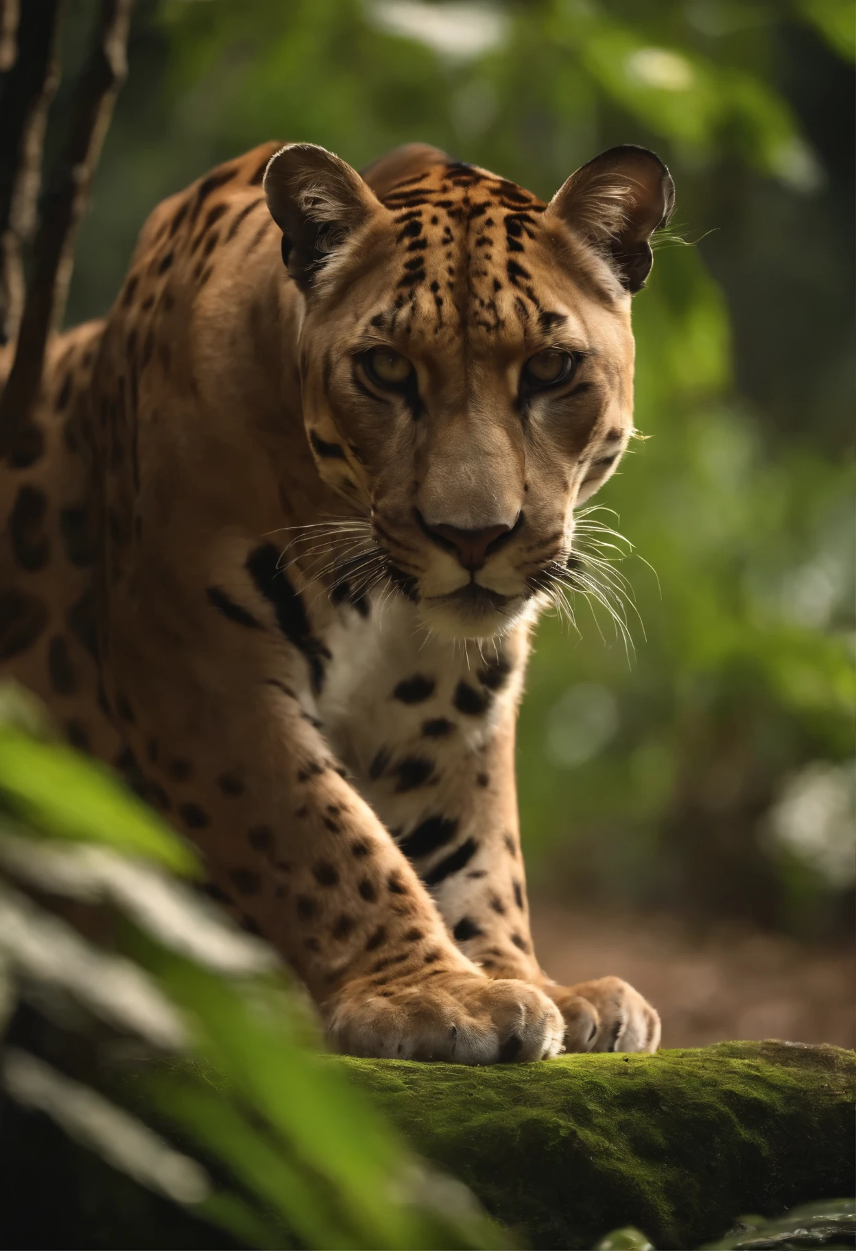 27 year-old handsome guy indonesian face a large panther ,dans la jungle,profondeur de champs,High light,Real light,Ray tracing,Moteur de rendu OC,Convertisseur UE5,hyper-realistic,beste-Qualit,8k,Works by masters,super-fin,Detailed pubic hair,anatomie correcte