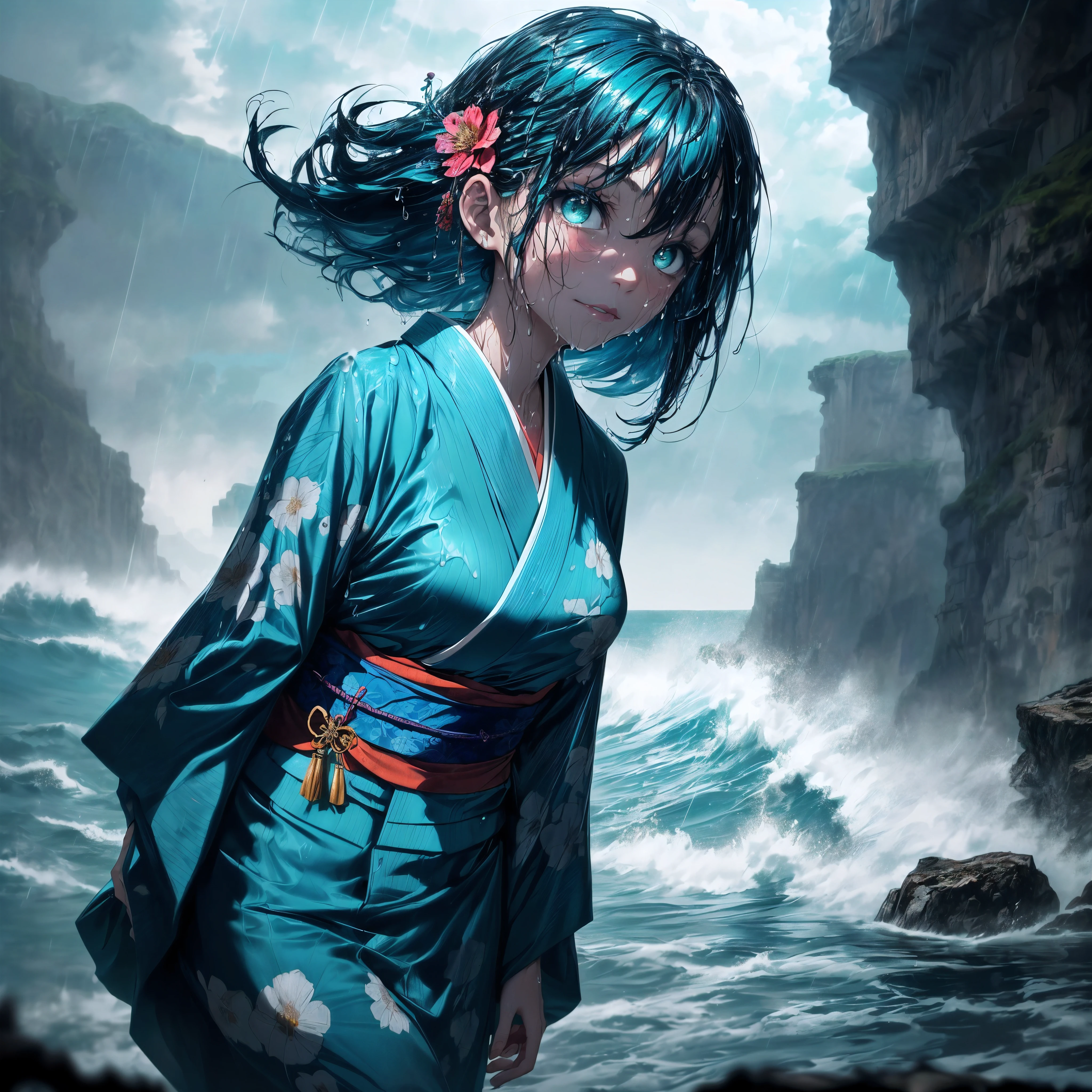 (Throw), (A 7 year old girl:1.2), (Very young little girl), (alone), ((small breasts)), (wide angle), bitter smile, original photo, Atmospheric distance perception, aesthetic, complex, won, cybernetic enhancement, chiaroscuro, best quality, Detailed background, (hazy atmosphere:1.2), (cloudy day),((Girl in teal 棉质kimono:1.2)), 棉质kimono, 棉质kimono, wet cotton texture, The best wrinkles, real wrinkles, best shade, strong wind, (walk through (薄雾黑暗岩石cliff)), ((It's raining, downpour, raindrop)), (real location), Exquisite and beautiful eyes, casual gesture, Detailed texture, pose, (Anatomically correct body, Detailed face, (非常Detailed texturekimono与花卉图案), (wet, wet face, Mucus wrap, ((very wet) 纹理kimono), (wet hair), (black hair), thick hair, hair accessories, kimono, Heart, outdoor, petal, 色彩缤纷的kimono, sash, ((cliff), the sea below cliff, (Raging sea, spray), Beautiful and detailed sea water),Sky, wide sleeves, yukata, ((cloudy, downpours))
