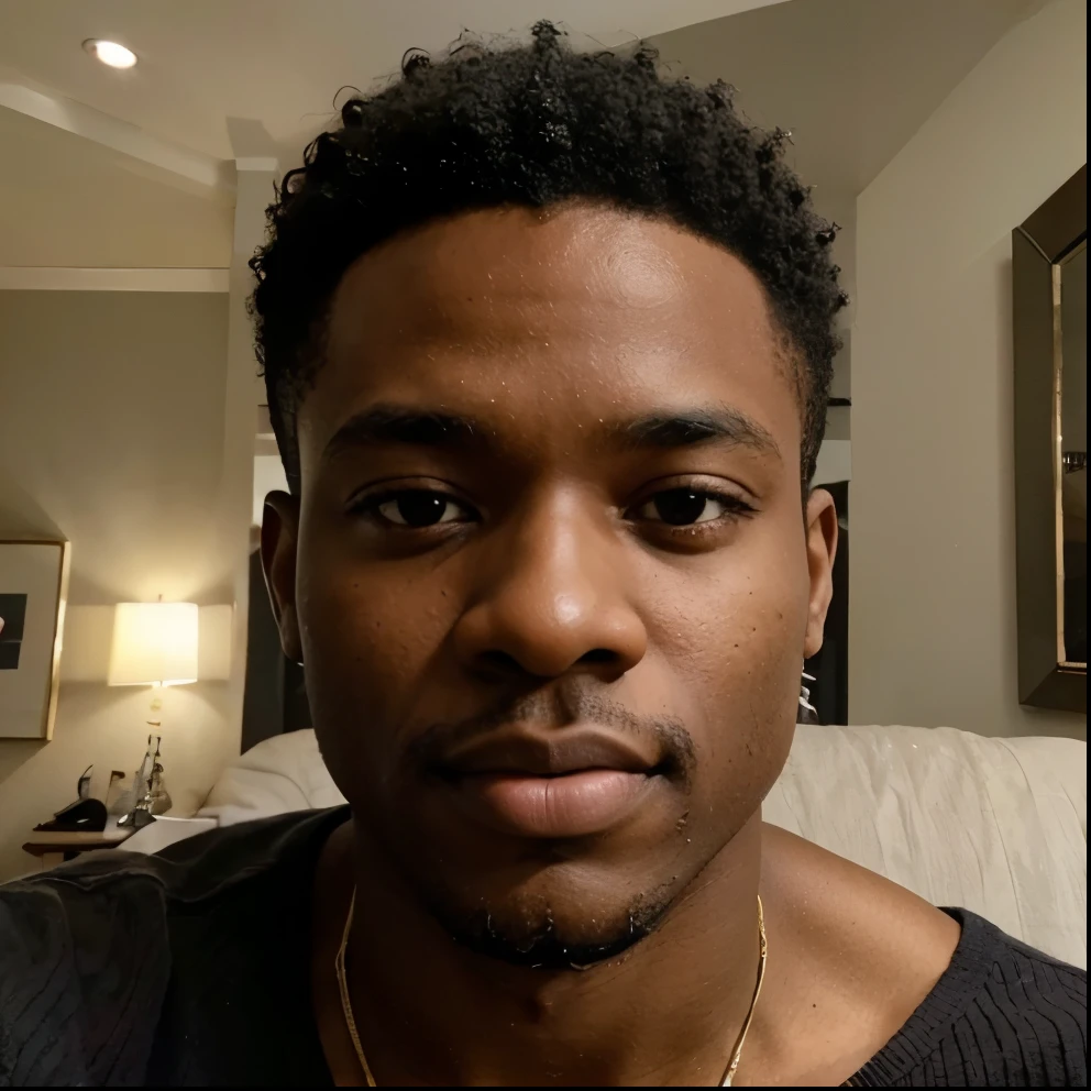 Black african man, Make it a selfie-style pic, natural human expression, not portrait, upscale and improve, show shoulders and chest, hand holding selfie camera