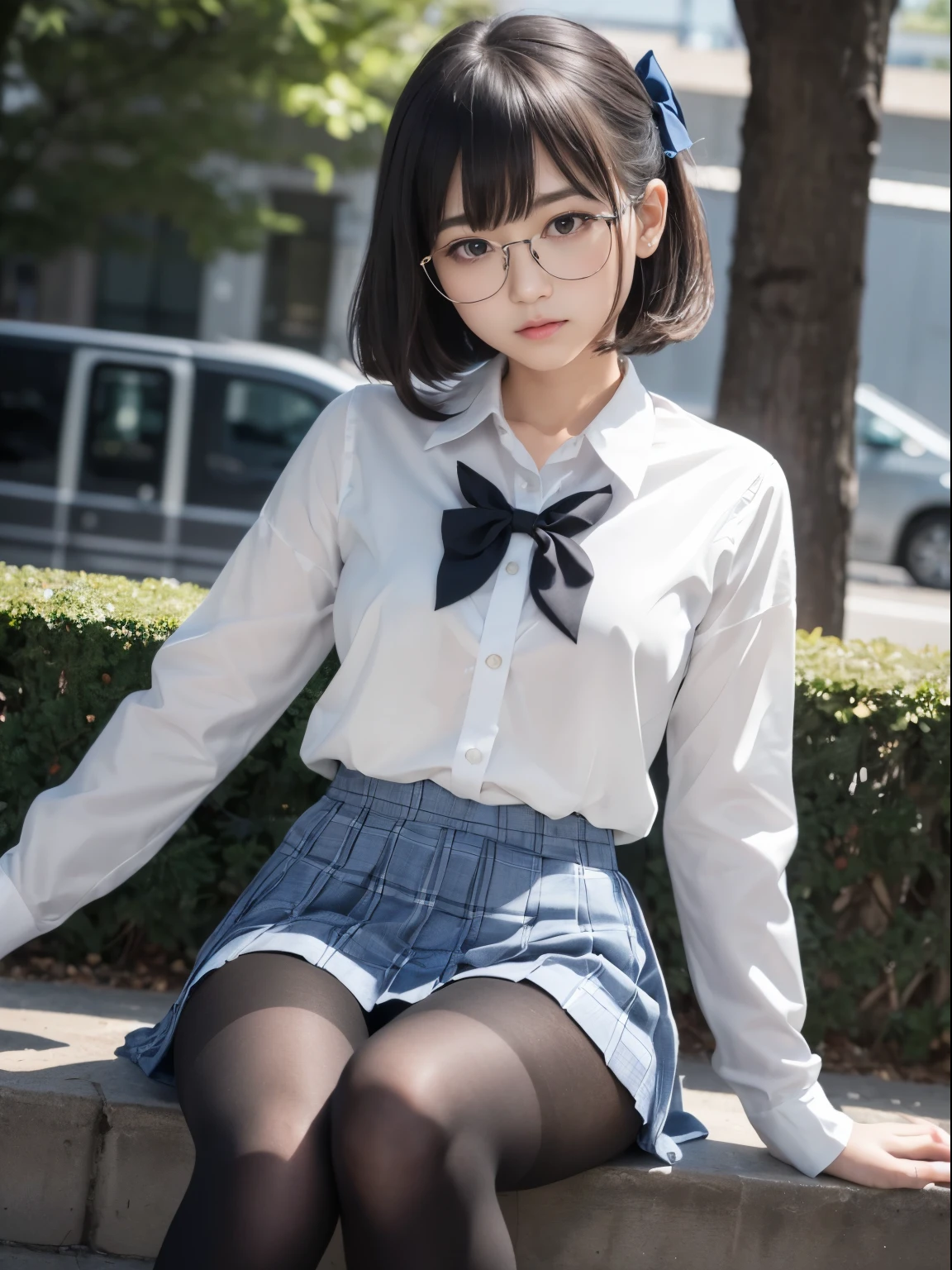 long bob cut、(((physical education sitting)))、(((physical education sitting)))、(((physical education sitting)))、(I can see my underwear)、((細いeye))、((細いeye))、((細いeye))、(8K、生photographgraphy、highest quality、masterpiece：1.2),、small、(flat chest)、(flat chest)、(flat chest)、(flat chest)、(flat chest)、(Are thin)、Fair skin、Whitening、dark look、skinny,Fair skin肌,Saucy,Schoolの,looking at the viewer,looking straight ahead,high-pitched clothes,erotic,students,white skin,knees,(((black pantyhose)),((black pantyhose))),disorganized,(small face),(small face),I can see the forehead,Bangs hanging from the left and right sides of the forehead,(cold look,eyeがきつめ,glare,bullish,anger)、masterpiece,highest quality、ultra high resolution,生photograph,beautiful,beautiful,There is only one person, solo,Glasses,,dark look,small breasts same,full body,(まるGlasses),JK uniform,high school girl,japanese woman, （photorealistic：1.37）、School、photon mapping,Reality、beautiful woman,cute baby face,ブラウンeye、black socks、(red bow tie)、radio city、Physically based rendering、depth of field rally background、photograph,body,beautiful feet, long legs, thin legs,(I can see my bangs), Hairy pubic area, lips, blue_eye, nose soft,(light blue dress shirt), (Navy, blue and white plaid pleated skirt), kneesが見える,transparent clothing,, Peaches, black cotton socks,Nogizaka Idol, , japanese idol