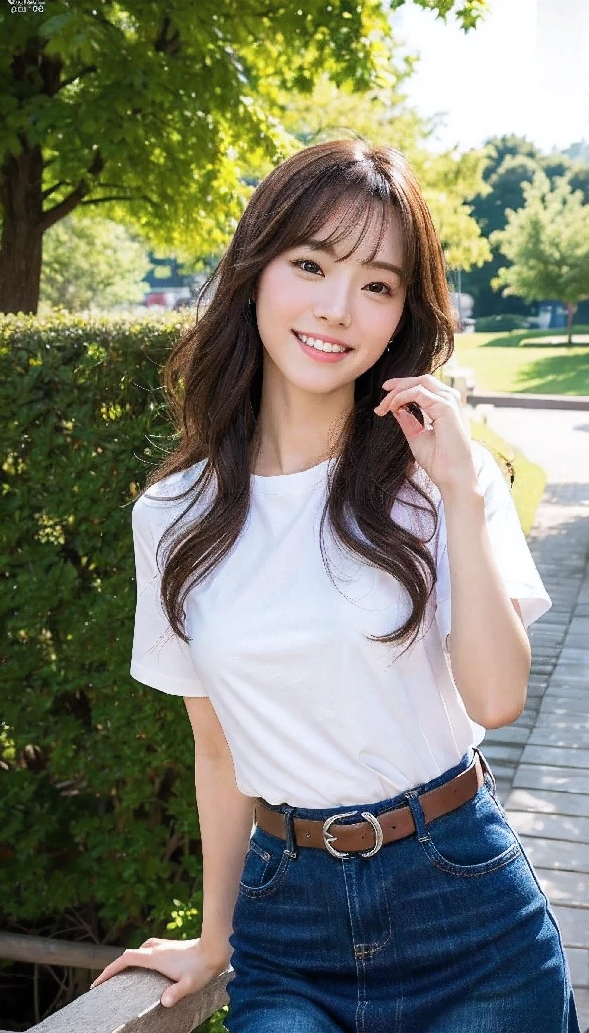(8K、highest quality、masterpiece、ultra high resolution、high resolution face:1.3)、portrait、(20 year old girl:1.3)、Bokeh、frontage、 genius genius smile、Super detailed、super resolution、(realistic、realistic pictures:1.37)、High-definition RAW color photo、professional photography、hvery detailed and beautiful、very detailed、8K image wallpaper、amazing details、huge file size、official art、Hvery detailed CG Unity 8K wallpapers、hvery detailed beautiful girl、very detailed顔、very detailed目、very detailed肌、とてもthin指、hvery detailed nose、very detailed詳細な口、perfect anatomy、Hvery detailed clothing、1 girl、(18:1.2)、Ten generations、cute、famous japanese idol、cute、realistic body、、white skin、glowing skin、because I'thin、handsome body、brown hair、(dull bangs:1.2)、classic wavy long hair、 (nffsw:1.3),laughter、cute、zora々right、cute faces、lifelike face、delicate eyes、ordering sauce、white t-shirt、skirt、look at the camera、cowboy shot、along the river、positive、contrapo、public