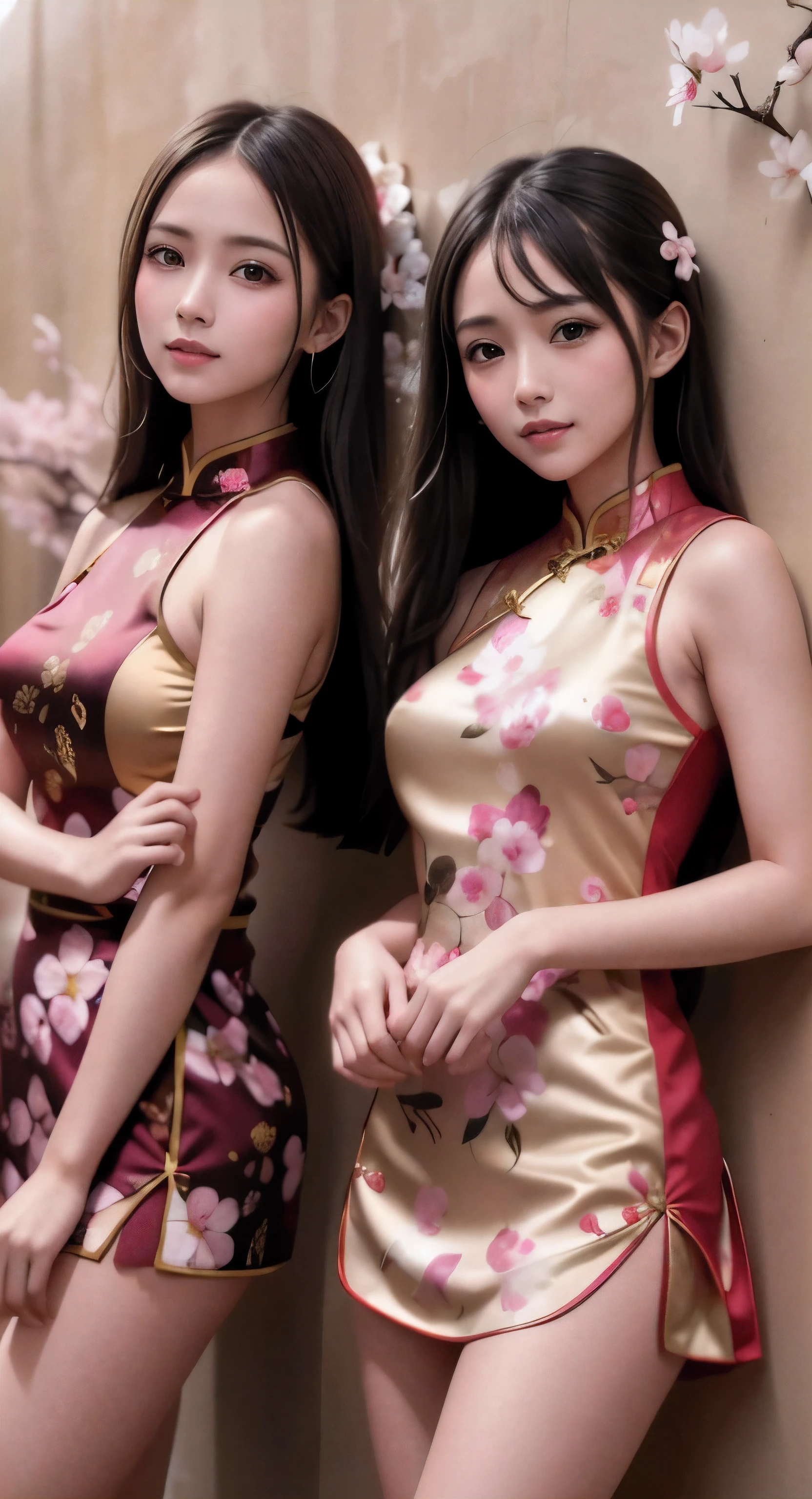 Masterpiece, photorealistic, 2 girls in golden hair and black hair, wearing modern cheongSam floral short lengtth dress red and pink, background of pink cherry blossoms decor on the wall written :Happy Chinese New Year, smiles