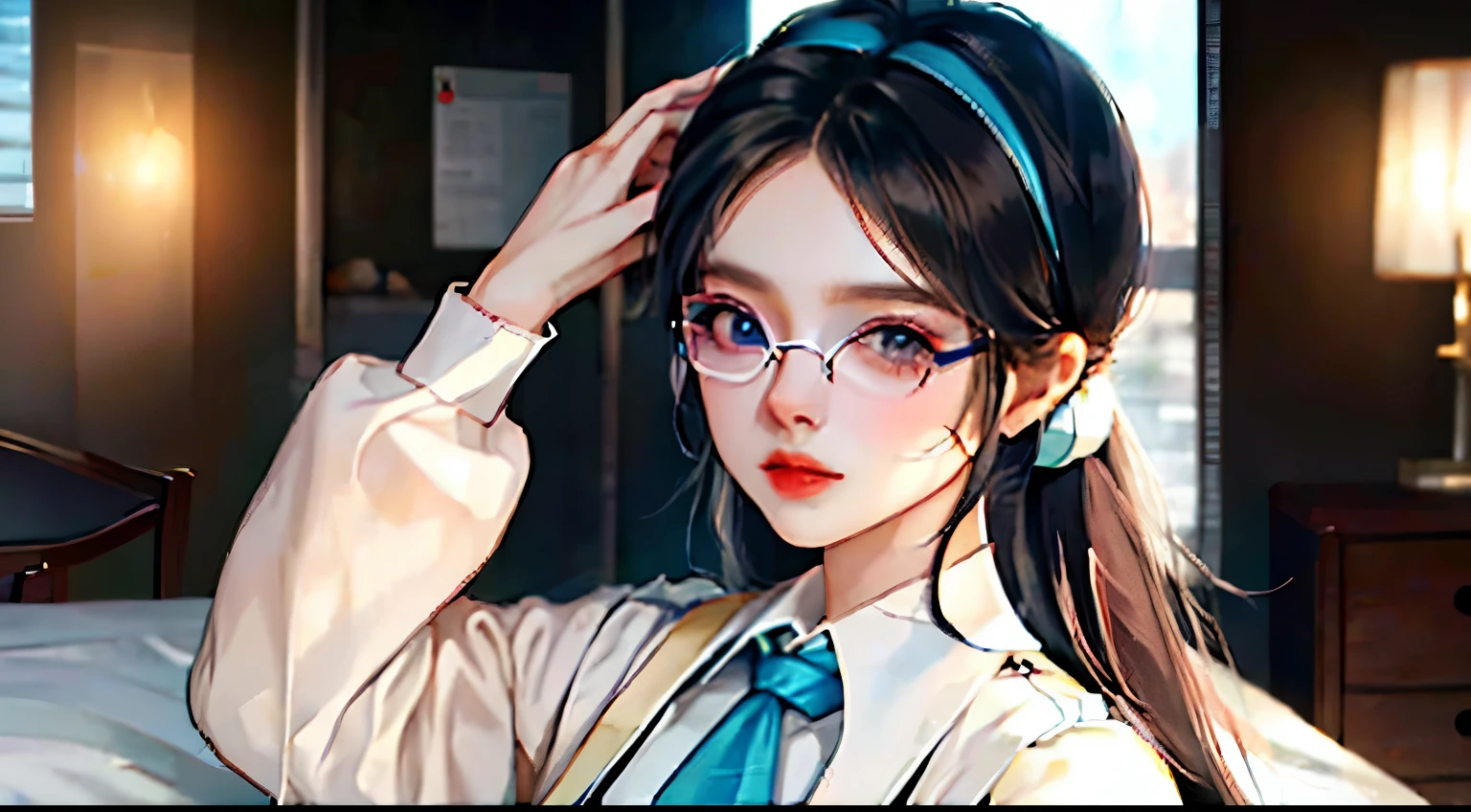 a young girl in her white and blue school uniform, she wears glasses, wears a black hairband and a ponytail, school environment, day time.