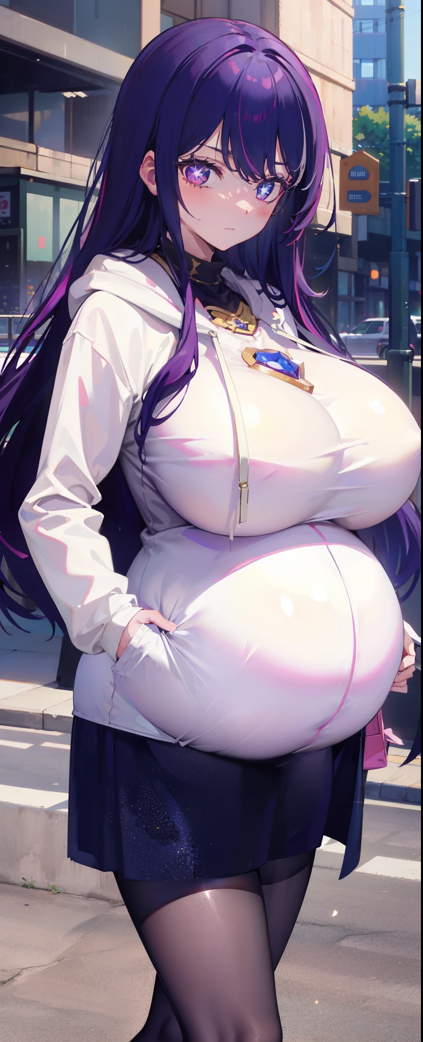 ((Masterpiece, Best Quality)),
1girll, Breast in,stitched face,patchwork skin, Purple Hair, Bangs, Long_Hair,
face expressionless,City,street,
stitched_face,Patchwork_skin,Cowboy shot,( Hoodie),(Hand in pocket),Open white coat,
Stars in the Eyes,
(huge breasts, pregnant),smug face,
clear eyes, beautiful six-pointed star eyes, pregnant woman, Ai Hoshino,
mom,shiny skin,((huge breasts, pregnant)),happy face,
Ai Hoshino,shiny skin,silhouette,
walking slowly,black pantyhose,