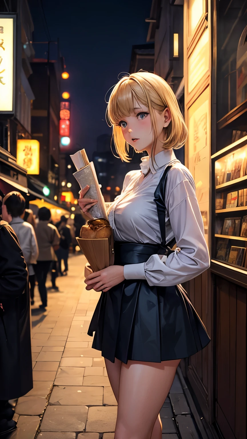 Paul Delvaux, Elsa beskow, Surreal, mysterious, strange, fantastical, fantasy, Sci-fi, Japanese anime, Jimbocho used bookstore district, conveying knowledge to the future, Alice, a beautiful blonde miniskirt girl eating cutlet curry on the terrace on the street, along with her cat, perfect voluminous body, detailed masterpiece Hyper realistic sharp focus