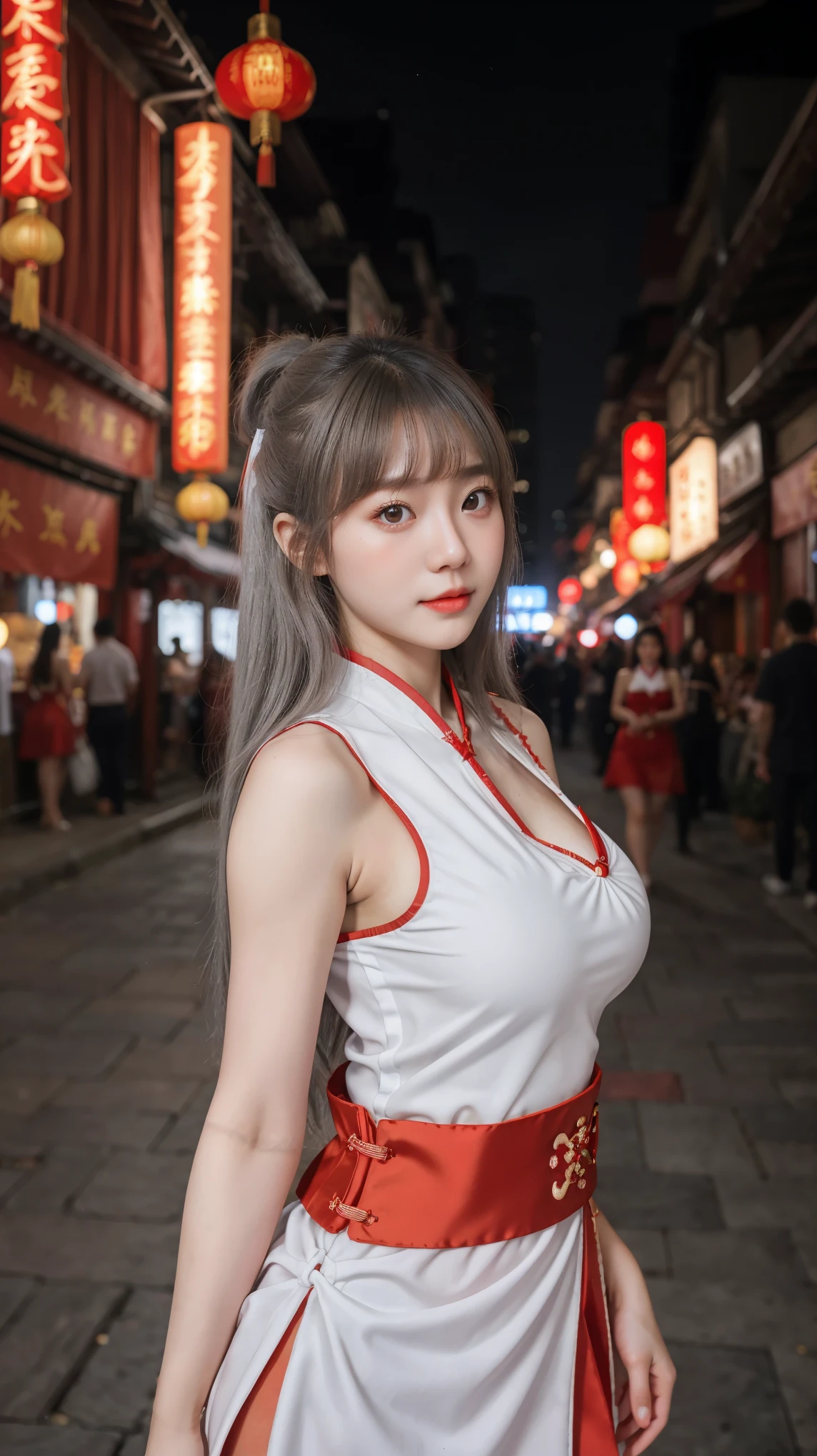 1 Girl, Beautiful, Baby Face, 20 Years Old, White Skin, Colossal Breasts, Sexy Pose, ((Extreme Red Sleeveless Hanfu Dinasty Dress)), ((Red Outfit)), ((Grey Eye)), Muscles, Bokeh, Chinese Street Background, Masterpiece, ((Night))