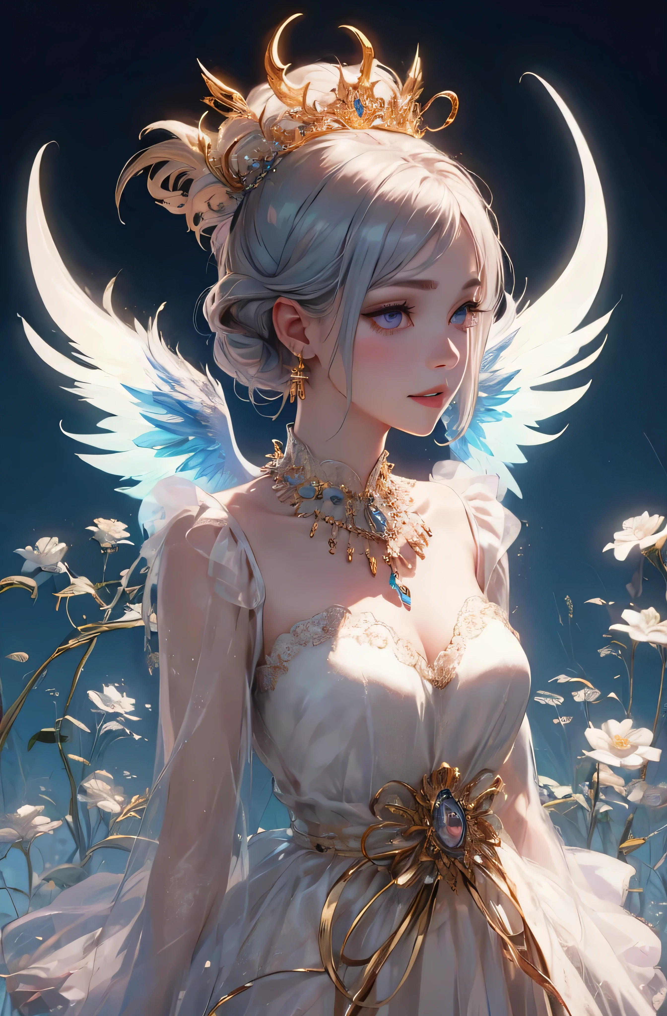 castle in the distance、face is in front、look at the camera、profile、8K、real photos、ultra high resolution, master parts, highest quality, ticker , cinematic images,nice girl、Ann、16 only、Annグロサクソン、double eyelid、droopy eyes、very big eyes、eyes are purple、dark eye shadow、lips are very thin、The tip of your nose grows beautifully.......................................................、small nose,,,,, very detailed , silver hair、straight short hair、smile、 sweet expression 、）、very clear shadows , jewelry , fine eyes, Very difficult, shiny skin , パーフェクトブリリAnnト, perfect sentence, dramatic shadow、white tiara on head、Gold necklace around the neck、White aristocratic dress with gold embroidery、glass high heels、angel wings