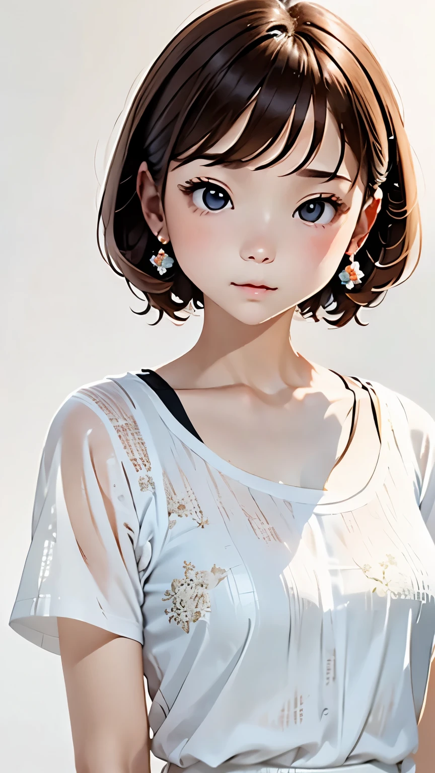 portrait、masterpiece:1.3、one girl、baby face、natural look、very cute、brown hair、short bob、small red earrings、plump lips、no makeup、white t-shirt、focus on face、最high quality、High resolution、Super detailed、high quality、Detailed details、8k、(((blurred background、white wall、white background、White world、Flower Illustration、Flower Illustrationの壁、壁にFlower Illustration、Flower Illustrationが描いてある壁、photo studio:1.5、cinematic lighting、professional photographer)))