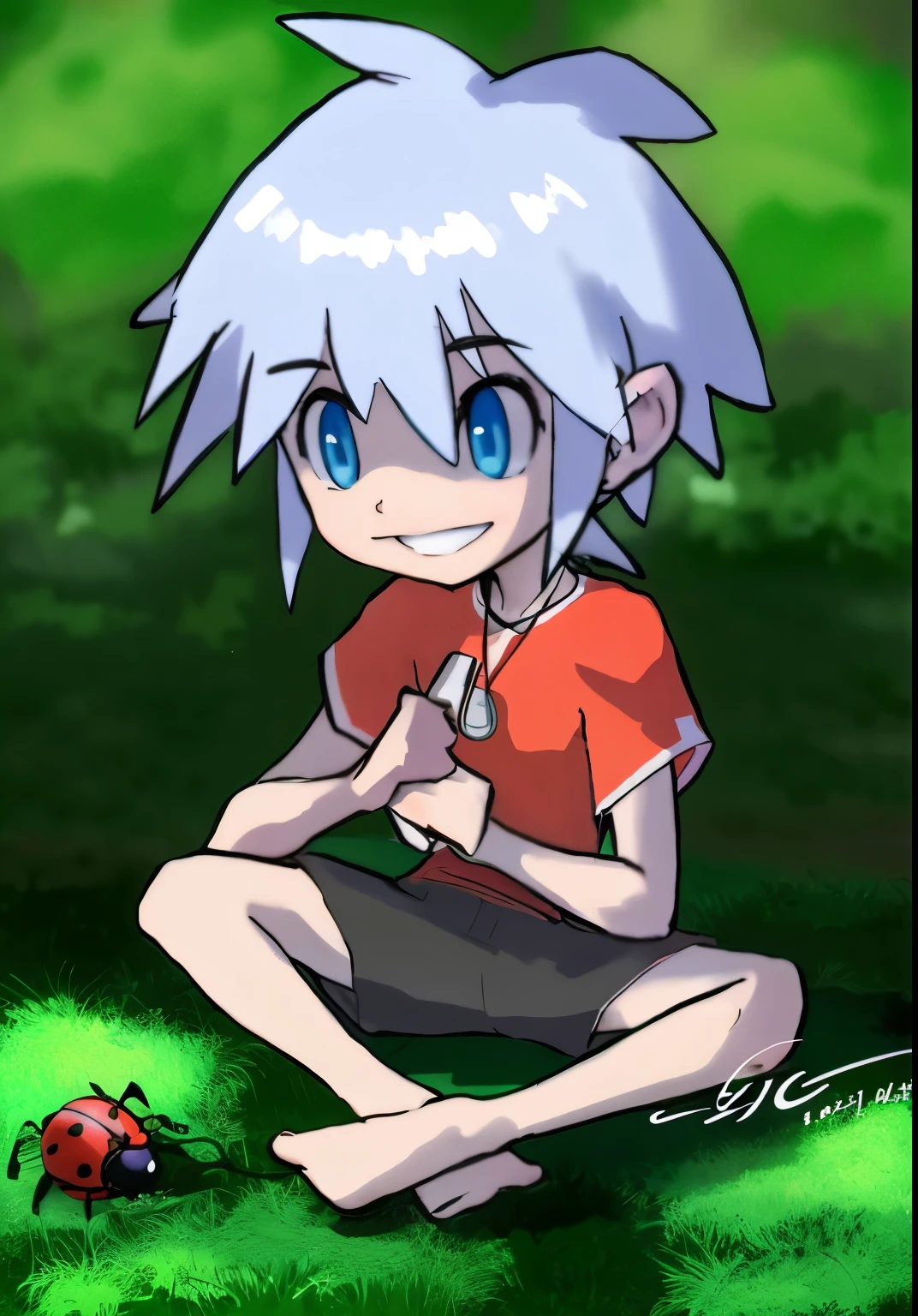 Cartoon of a boy sitting on the ground with a ladybug, 2D anime style, Two-dimensional art, Two-dimensional art, Kaoru Nagisa, Inspired by José, heroes 2d fan art artstation, Cirno's anime portrait, By Ei-Q, Inspired by Yunichi Hiratsuka, Akihiko Yoshida