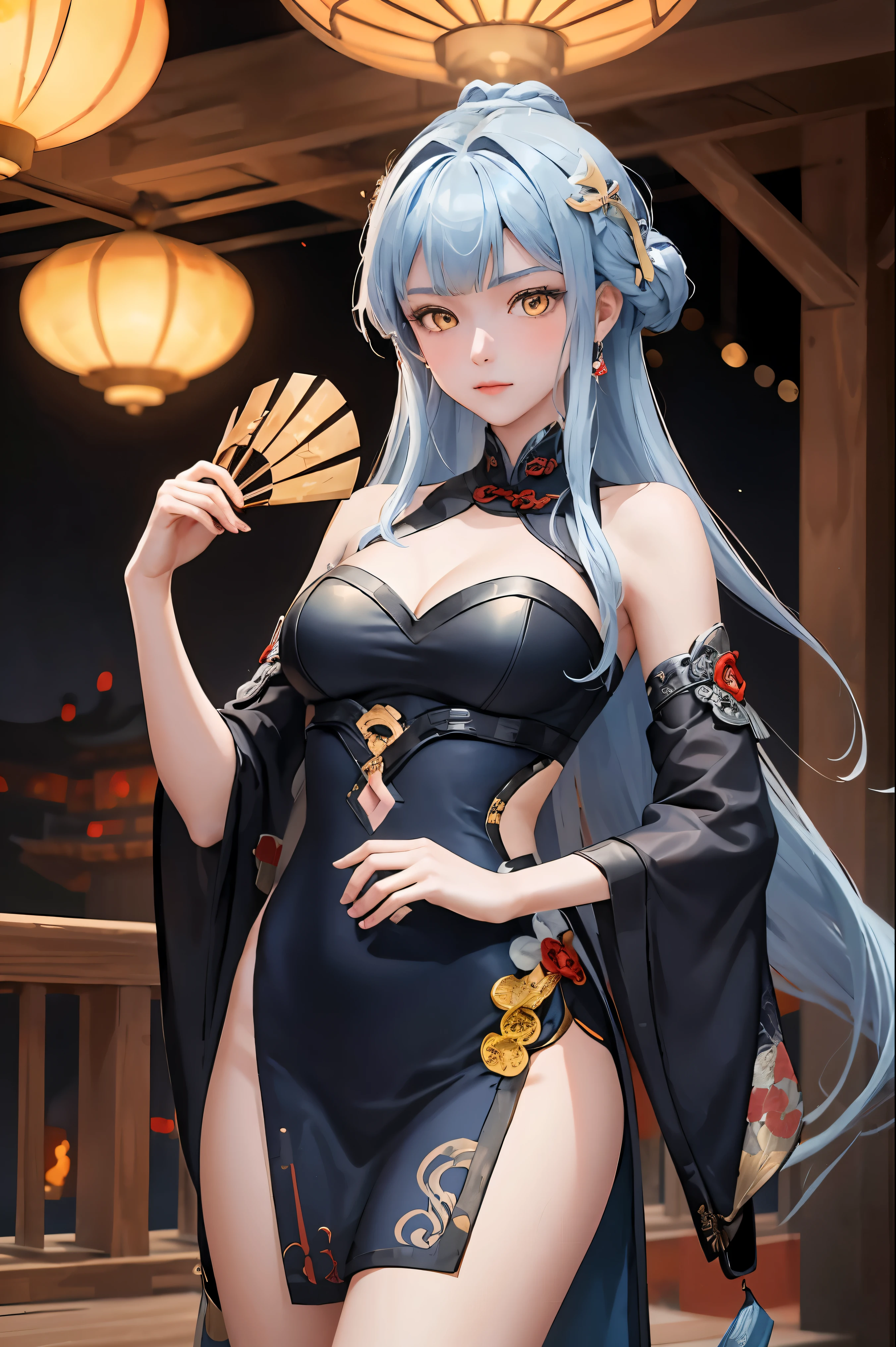 ((big breasts)), 1girl, solo, long hair, looking at viewer, hair ornament, dress, holding, bare shoulders, closed mouth, blue hair, yellow eyes, braid, artist name, covered navel, blue dress, chinese clothes, china dress, hand fan, folding fan, light blue hair, holding fan, Jordyn Huitema, (masterpiece,best quality:1.5), (masterpiece,best quality:1.5), Hold the fan with the right hand, the left hand does not hold the fan, Chinese imperial palace, feudal China, wooden castle, lake, (lantern), sparkling, (masterpiece,best quality:1.5), (masterpiece,best quality:1.5), ((nsfw),
