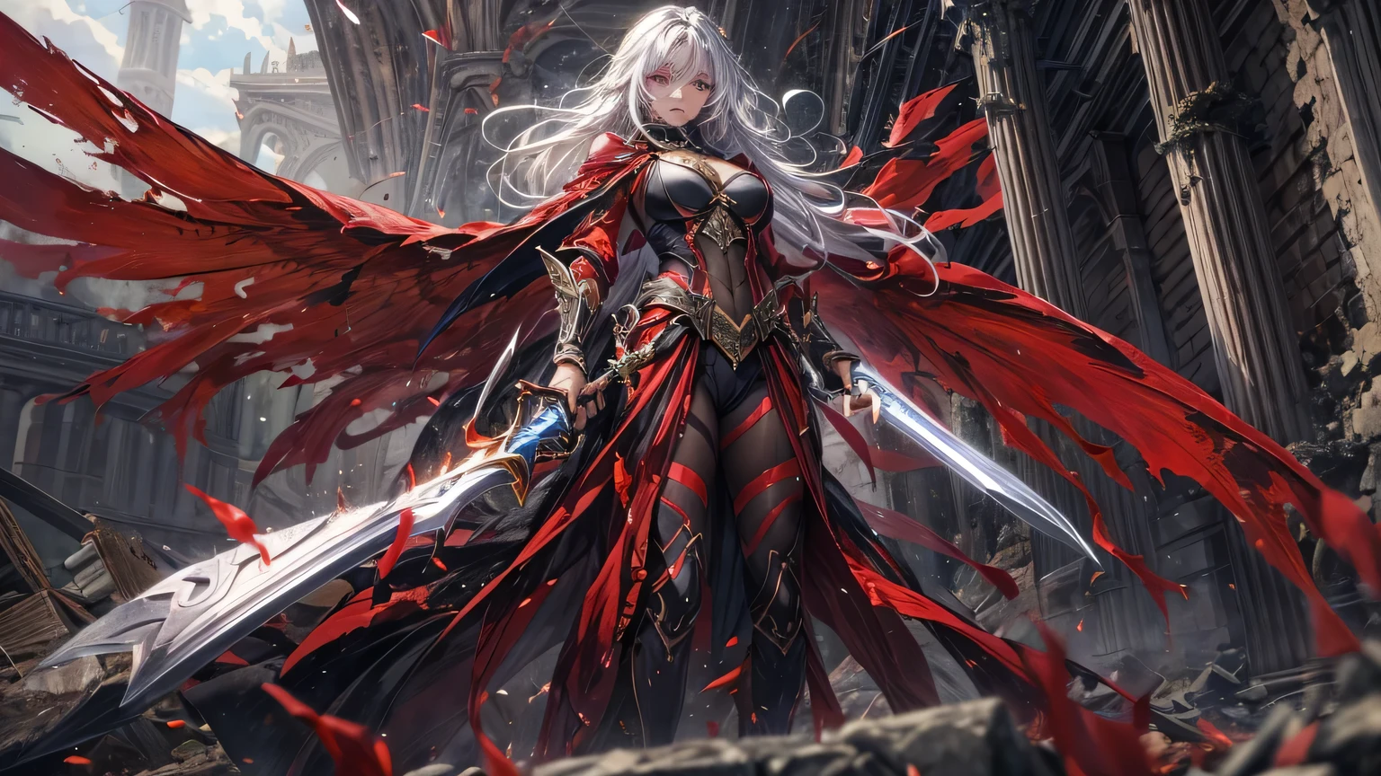 ((female, Standing on top of a ruined building, enlargement, realistic)) realistic visuals,((very delicate)) artistic sophistication, fallen angel lucifer, fascinating beauty, Front view showing thighs, ((woe, tear, rage))Sophisticated contrast in facial expressions, dramatic contrast, 8k wallpapers, absurdity, big bust, bikini, Angel Wings, dark red armor, Gadaxintai Gaodanvshen, (Holding a dark red sword)), white silver hair, ((in battle)),