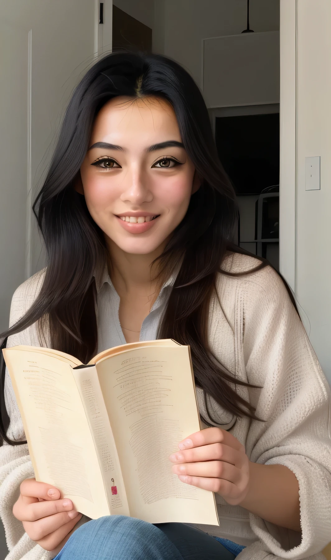 masterpiece, Photoreal, High resolution, realistic, photo middle eastern beautiful woman, portrait, reading a book, smile a little, internal