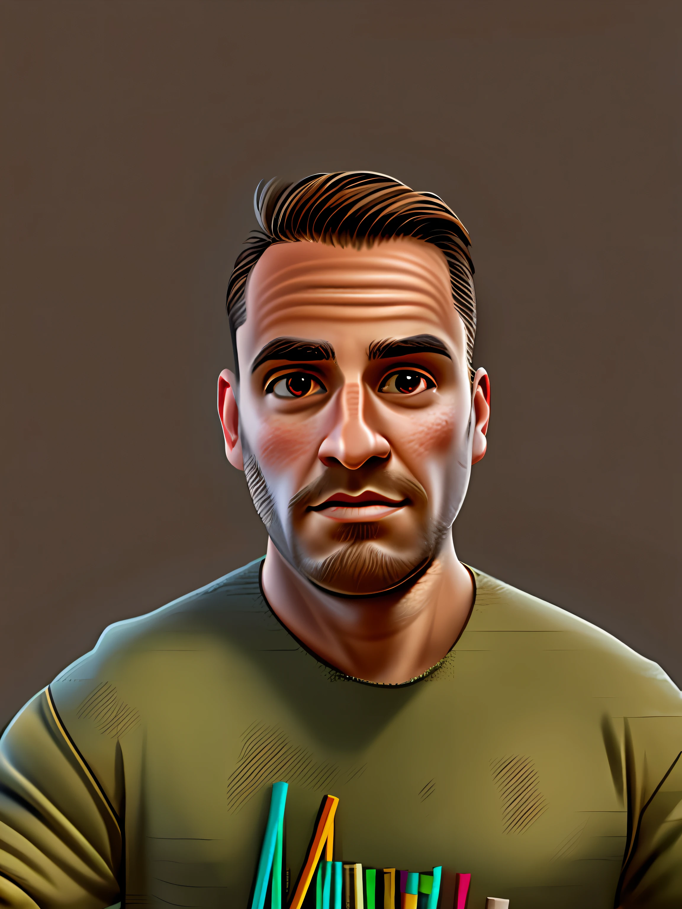 /imagine prompt: "color photo of a realistic drawing caricature preserving image detail," exaggerated facial features without a beard, vibrant colors and brown eyes, playful expression, realistic representation of image details, detailed line work, cartoon elements, exaggerated perspective, surreal background without a beard —c 10 —ar 2:3