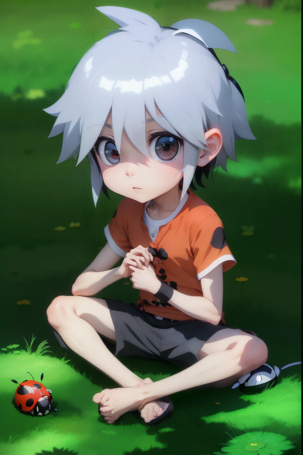 Anime boy sitting on grass，There is a ladybug in the background, 2D animation style, Two-dimensional art, Two-dimensional art, Kaoru Nagisa, heroes 2d fan art artstation, 2D animation, Killua Zoldyk, Akihiko Yoshida, Killua Zoldyk black hair, Inspired by José, official art