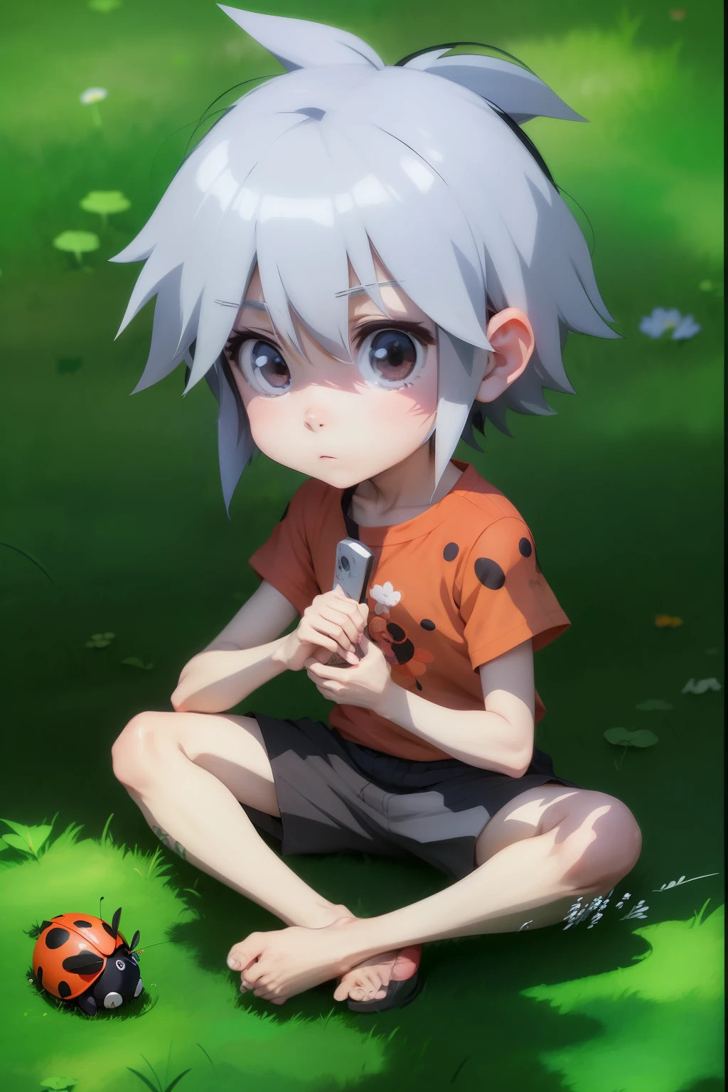 Anime boy sitting on grass,There is a ladybug in the background, 2D animation style, Two-dimensional art, Two-dimensional art, Kaoru Nagisa, heroes 2d fan art artstation, 2D animation, Killua Zoldyk, Akihiko Yoshida, Killua Zoldyk black hair, Inspired by José, official art