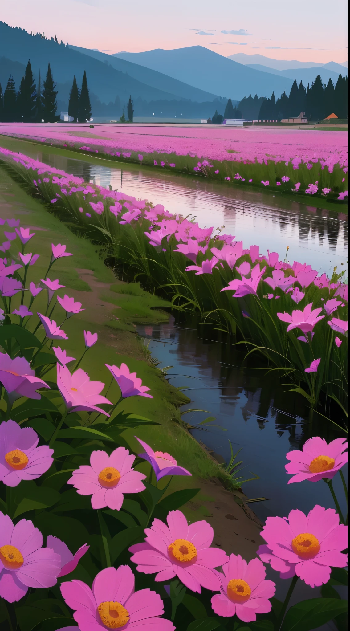 no_humans, (masterpiece, best quality:1.2), hill station, lake, boat closeup, mountains in distance, flowers, photorealistic sunset, neutral density, after rain, colorful, hdr