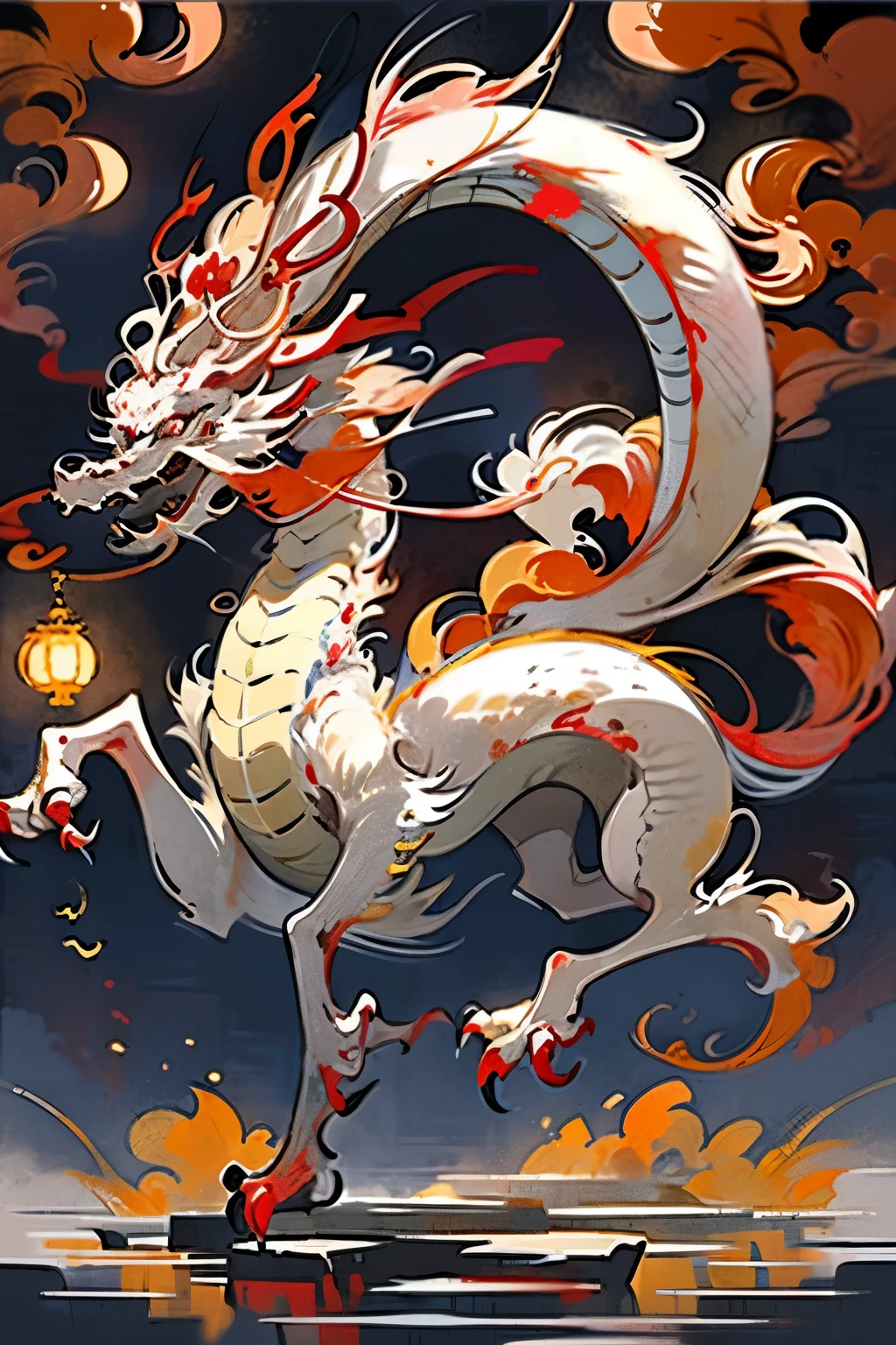 best quality, masterpiece, ultra high resolution, Naked non-humans, (long: 1.2), red eyes, Cloud, scute, Oriental Dragon, open mouth, fangs, fei, , teeth, day, paws with claws, Chinese dragon、exploring、landscape、scute、respectable、strength、、Traditional pattern、,new year atmosphere,gold coins,Ingots,red tint