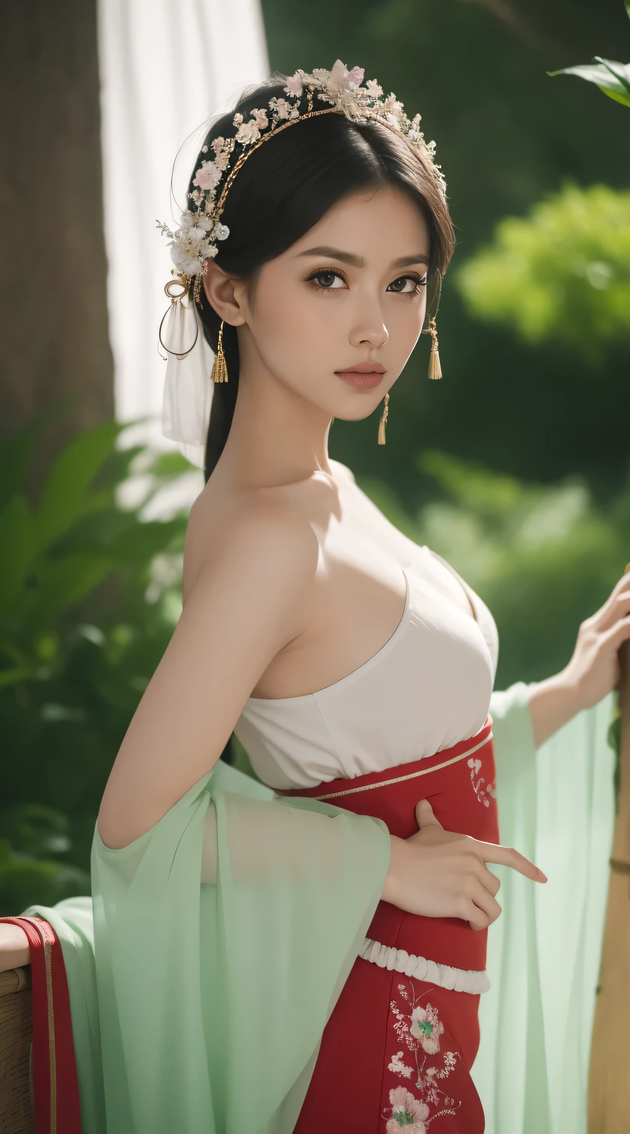 Fashion model 20 years old [[[[Close-up cleavage]]]], [[[[]]]], [[[[wooden]]]], [[[[Shoulder]]]], perfect eyes, perfect iris，perfect lips，perfect teeth，perfect skin，long face，Soft headlight，human development report，girl，western dancer，wearing a veil，Show your waist，red attire，Green trees and flowers background，（pastel colors：1.2）