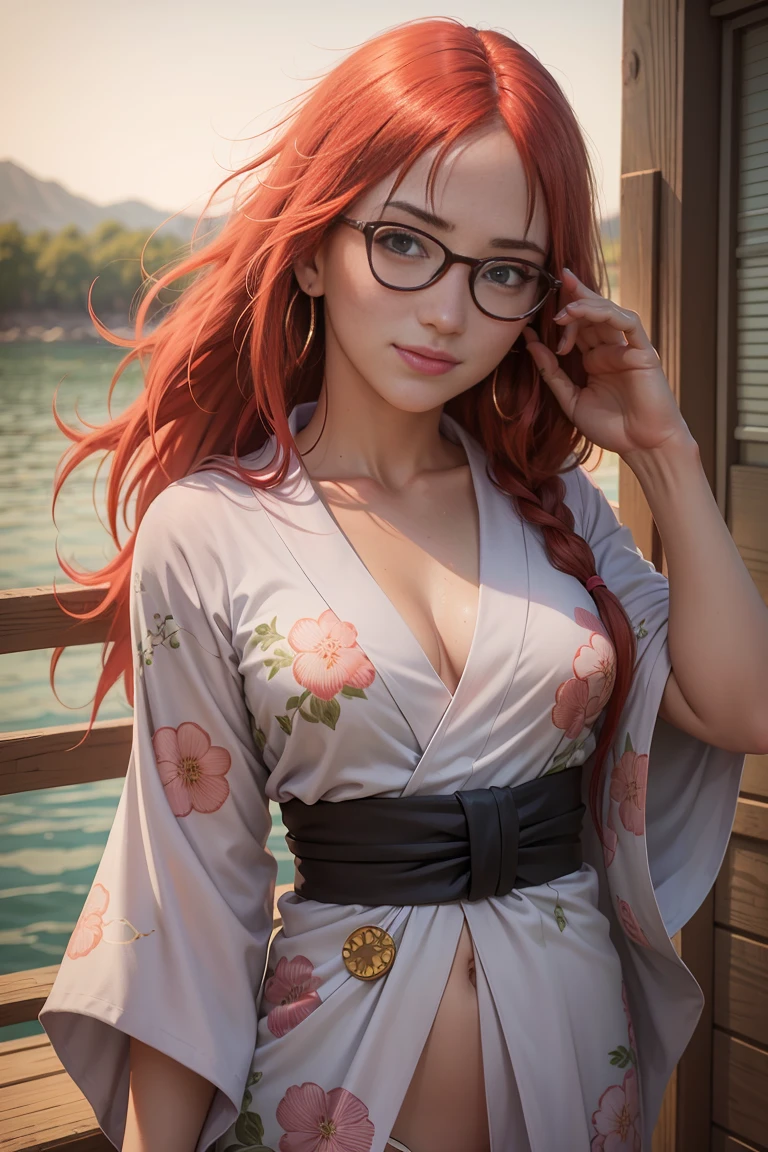 (masterpiece), (((highest quality)), (super detailed), 1 girl, karin uzumaki,  uzumaki  karin, long red hair, messy hair, hair between eyes, red eyes, glasses, (yukata: 1.2), outdoor, blue sky, blue water, smile, red eyes, glowing eyes, fullbody, Earrings, looking_at_viewer, Cowboy Shot, Top Quality, Rich Detail, Perfect Image Quality, blush, freckles, warm lighting