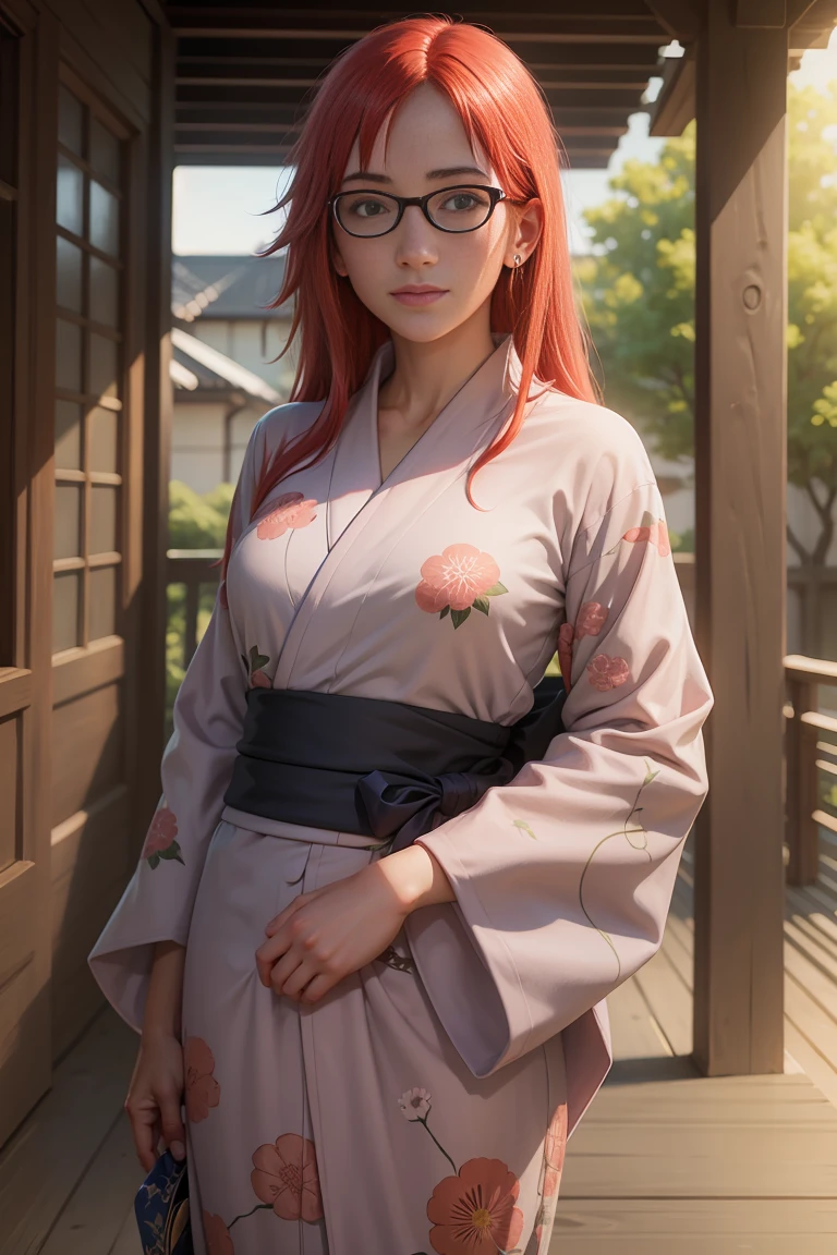 (masterpiece), (((highest quality)), (super detailed), 1 girl, karin uzumaki,  uzumaki  karin, long red hair, messy hair, hair between eyes, red eyes, glasses, (yukata: 1.2), outdoor, blue sky, blue water, smile, red eyes, glowing eyes, fullbody, Earrings, looking_at_viewer, Cowboy Shot, Top Quality, Rich Detail, Perfect Image Quality, blush, freckles, warm lighting