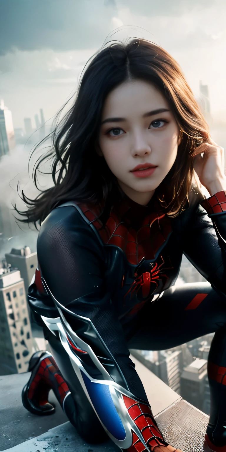 (1 girl:1.3), alone, (((Very detailed face)))), ((very detailed eyes and face)))), beautifulディテールの目, body parts__, official art, unified 8k wallpaper, Super detailed, beautiful and beautiful, beautiful, masterpiece, 最high quality, original, masterpiece, ultra-detailed photos, 最high quality, ultra high resolution, realistic realism, sunlight, full body portrait, amazing beauty, dynamic pose, delicate face, lively eyes, (from the front), she is wearing a Spider-man suit, Red and black color scheme, Spider, Highly detailed city roof background, rooftop, overlook the city, detailed face, Detailed complex and busy background, Messy, nice, milky, highly detailed skin, realistic skin details, visible pores, clear focus, volumetric fog, 8K UHD, Digital single-lens reflex camera, high quality, film grain, Fair skin, photorealism, lomography, Futuristic dystopian megalopolis, translucent