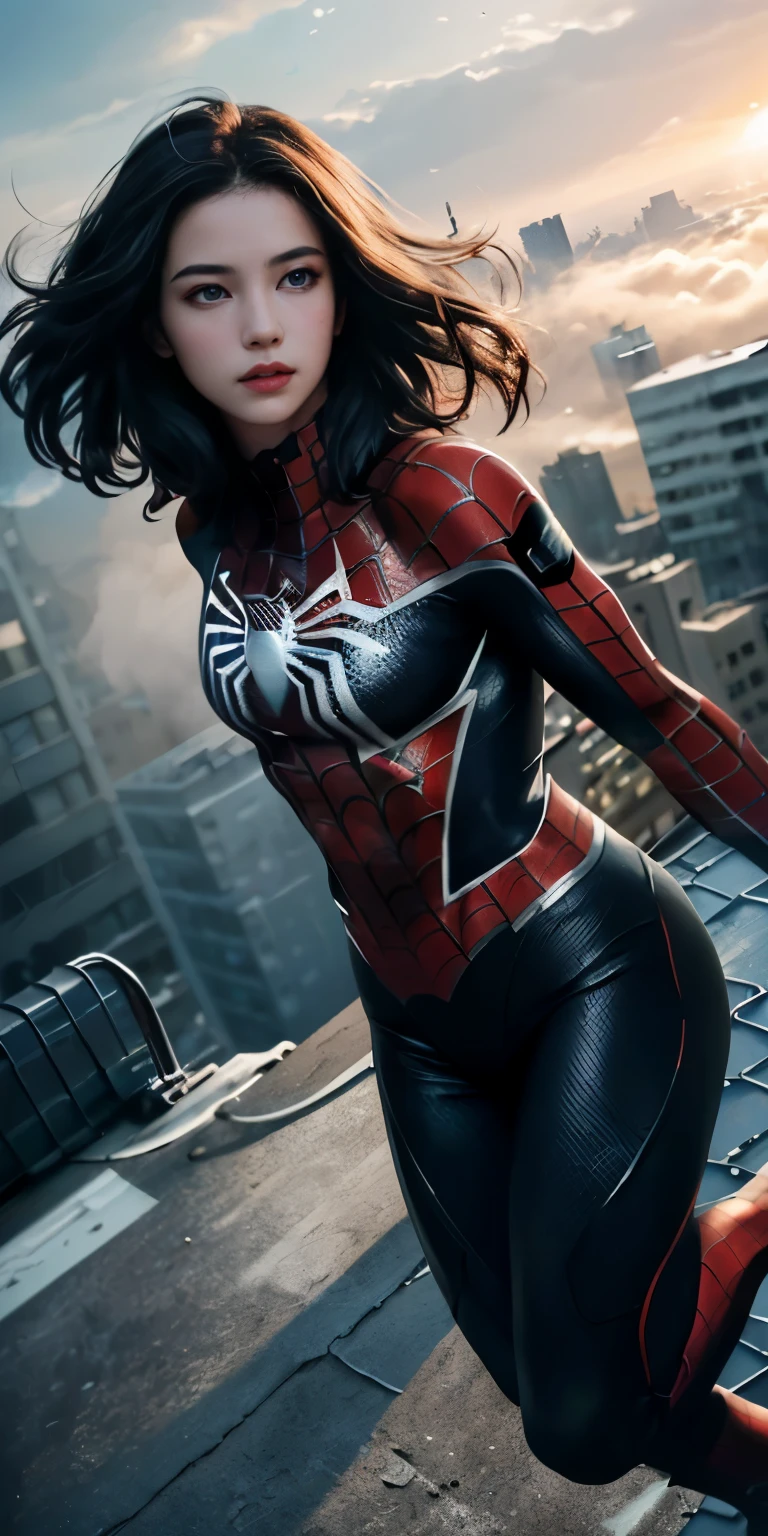 (1 girl:1.3), alone, (((Very detailed face)))), ((very detailed eyes and face)))), beautifulディテールの目, body parts__, official art, unified 8k wallpaper, Super detailed, beautiful and beautiful, beautiful, masterpiece, 最high quality, original, masterpiece, ultra-detailed photos, 最high quality, ultra high resolution, realistic realism, sunlight, full body portrait, amazing beauty, dynamic pose, delicate face, lively eyes, (from the front), she is wearing a Spider-man suit, Red and black color scheme, Spider, Highly detailed city roof background, rooftop, overlook the city, detailed face, Detailed complex and busy background, Messy, nice, milky, highly detailed skin, realistic skin details, visible pores, clear focus, volumetric fog, 8K UHD, Digital single-lens reflex camera, high quality, film grain, Fair skin, photorealism, lomography, Futuristic dystopian megalopolis, translucent