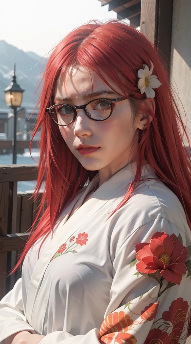 Masterpiece, Best quality, Highly detailed, 1girll, Solo, (:3:1.1), long red hair, red hair, long hair, spiky hair on left side, hair, Fluffy hair, Blush, red eyes, glasses, red eyes, red eye color, flower, Gradient, Gradient background, hair flower, hair adornments, Japanese clothes, komono, view the viewer, miko, Smile, Solo, White kimono, Beautiful lighting, (Alena Ainami:1.3)