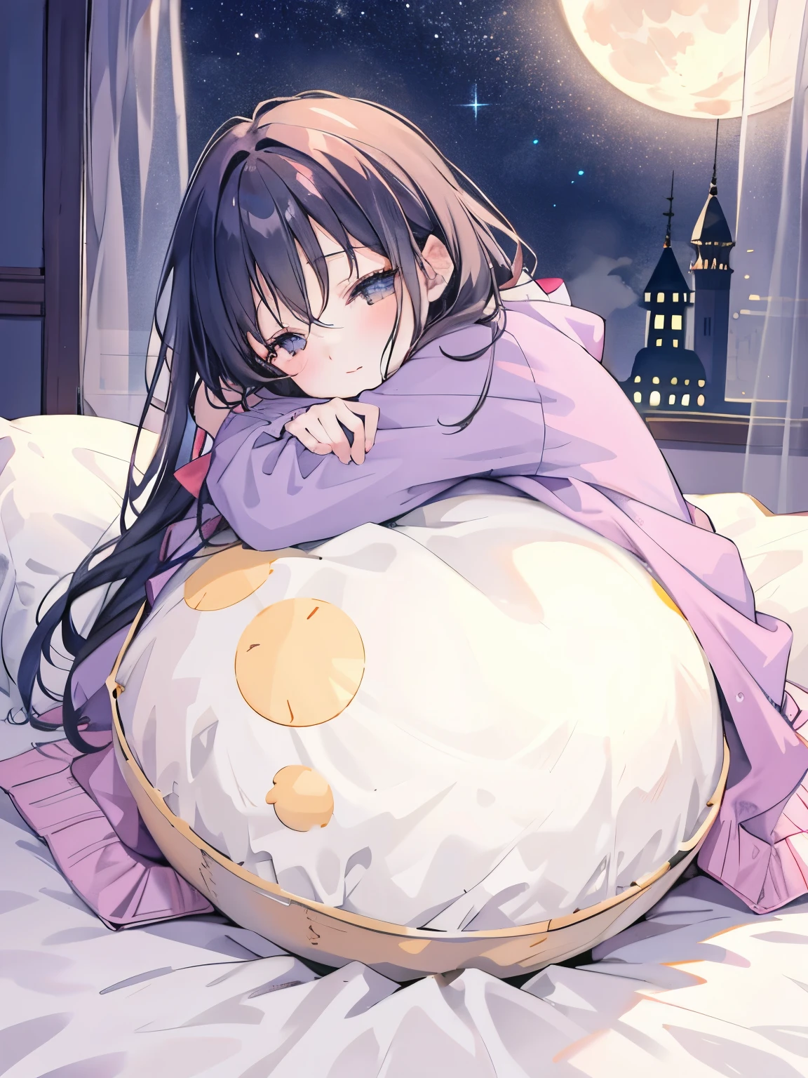 girl,night,Full moon shining starry sky,Bed in the shape of a moon,sleeping nestled against the moon,