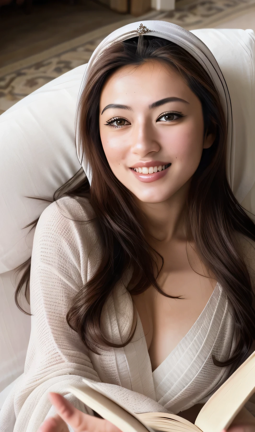 masterpiece, Photoreal, hyper realistic, High resolution, realistic, beautiful arabic woman, portrait, reading a book, smile a little, internal, shoot from above