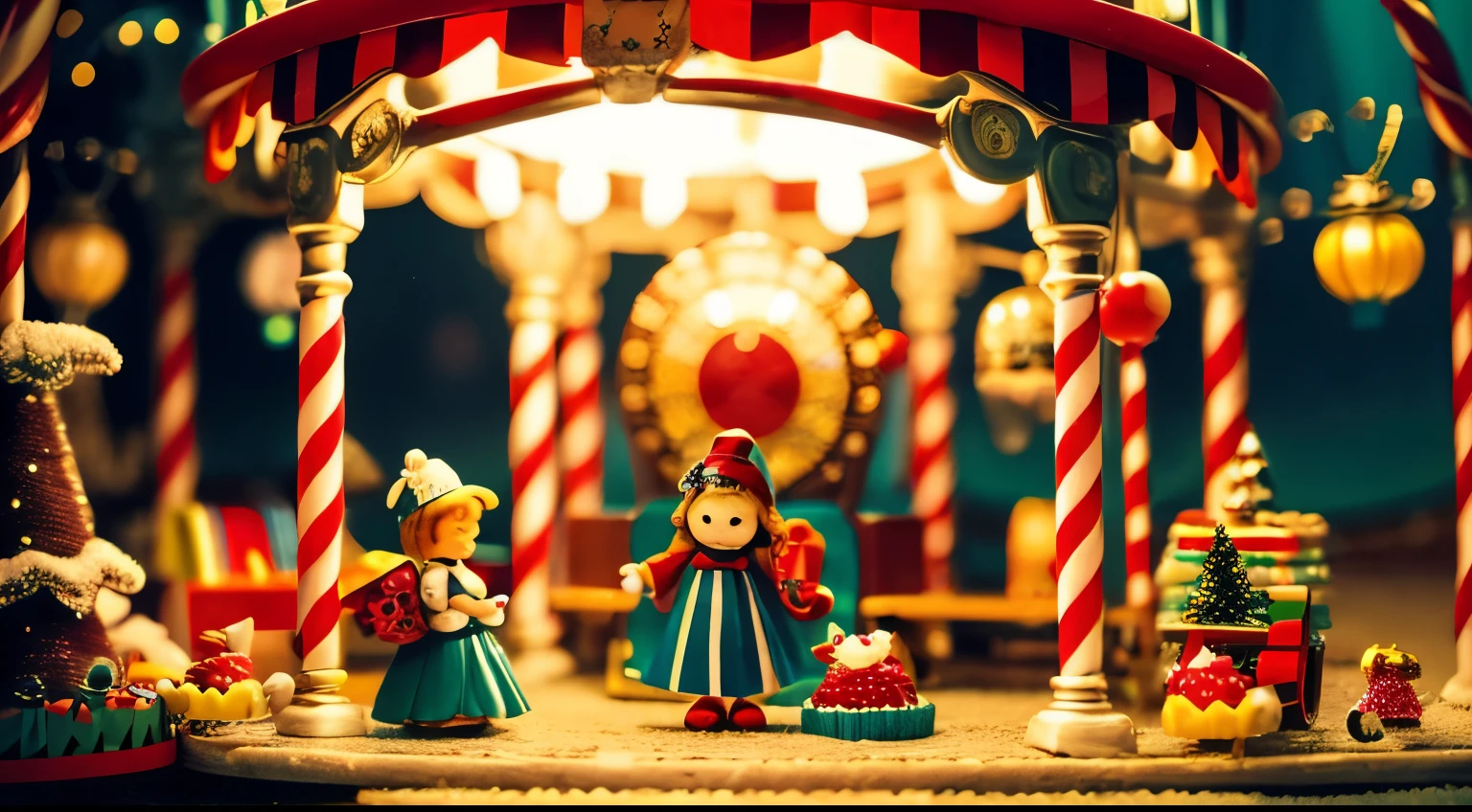 Challenge Mikke! , toy box, toy town, picture book-like world view, lost girl, Alice in Wonderland, candy cane, decadent, American retro, beautiful merry-go-round, unicorn, lonely, sepia tone, warm tones, nostalgic amusement park , fantasy, fantastic world, dark fairy tale, diorama, dollhouse, antique, 8k, beautiful, masterpiece, high quality, delicate, land of sweets