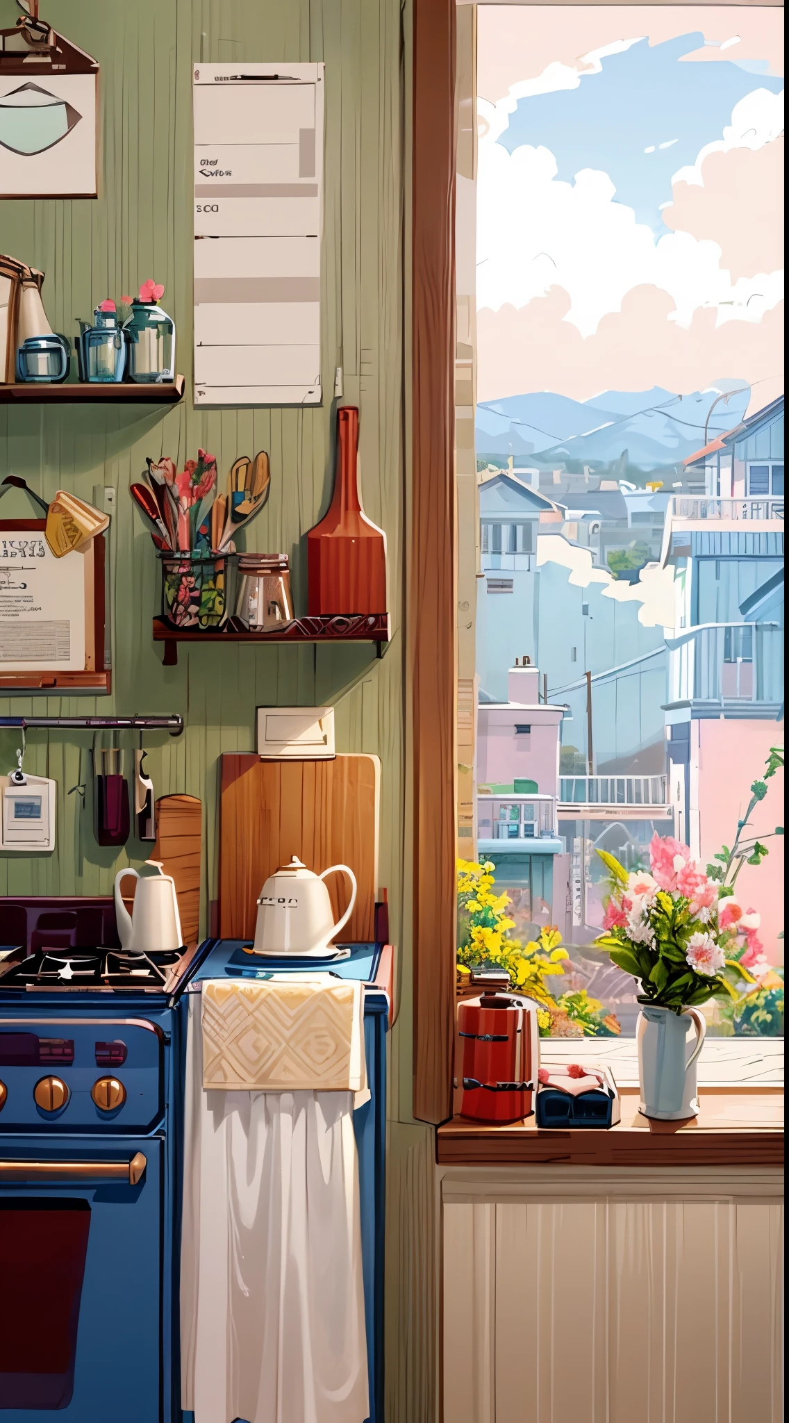 a kitchen with a stove top oven next to a window, inside a cluttered kitchen, bright window lit kitchen, blue sky, cloudy, flowers, anime style, illustration, studio Ghibli, flowers, plants, filled with flowers, cozy, homes and garden magazine, kitchen background, old kitchen backdrop, old kitchen backdrop angled view, trending on pinterest,maximalist, cute kitchen, house kitchen on a sunny day, colorful copper brass accents, houzz, beautiful 3 d rendering, architectural digest photo