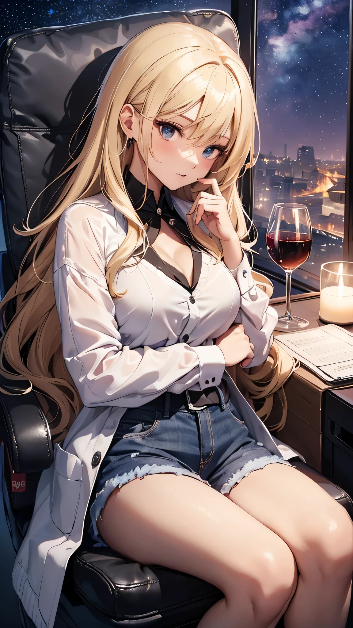 最high quality、best image quality、masterpiece、age girl((18-year-old、 By becoming、vest bust、medium bust,wide open breast tea、black eye, blonde hair、Habitual hair、long hair、thin,highest valley、blue shorts、Black Short Sleeve Jacket、sit on a chair、white shirt,chest、Eyeshadow Makeup、sleep Pose、wrap a blanket、Sleeping face)),high quality、beautiful art、background(On the plane、first class、red wine))、depth((window、night sky))debris flies、書かれた境界のdepth、movie、visual art、perfect art、8K,genuine