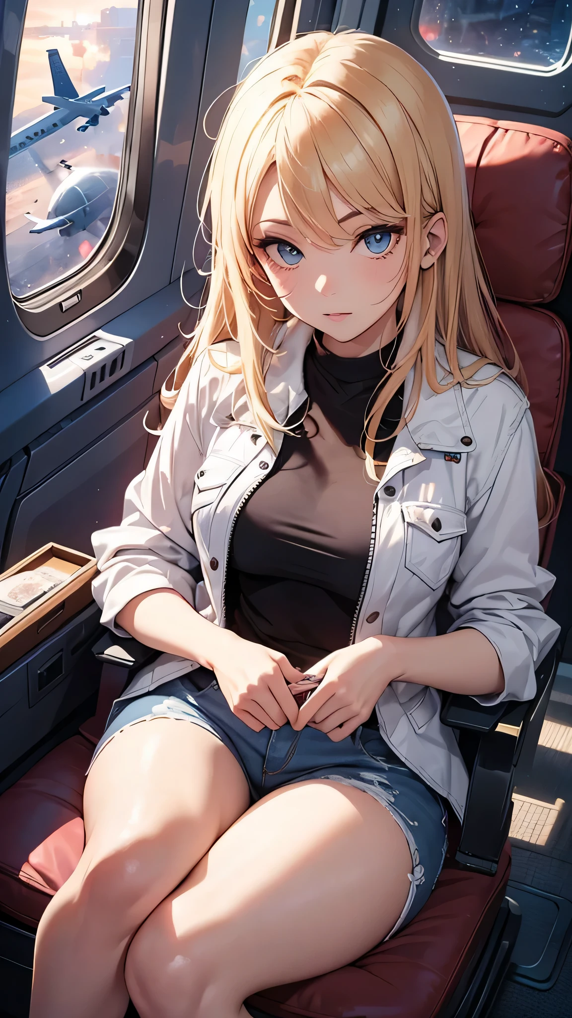 最high quality、best image quality、masterpiece、teenage girl((18-year-old、 By becoming、vest bust、medium bust,wide open breast tea、black eye, blonde hair、Habitual hair、long hair、thin,highest valley、blue shorts、Black Short Sleeve Jacket、sit on a chair、white shirt,chest、Eyeshadow Makeup、sleep Pose、wrap a blanket、Sleeping face)),high quality、beautiful art、background(On the plane、first class、red wine))、depth((window、night sky))debris flies、書かれた境界のdepth、movie、visual art、perfect art、8K,genuine