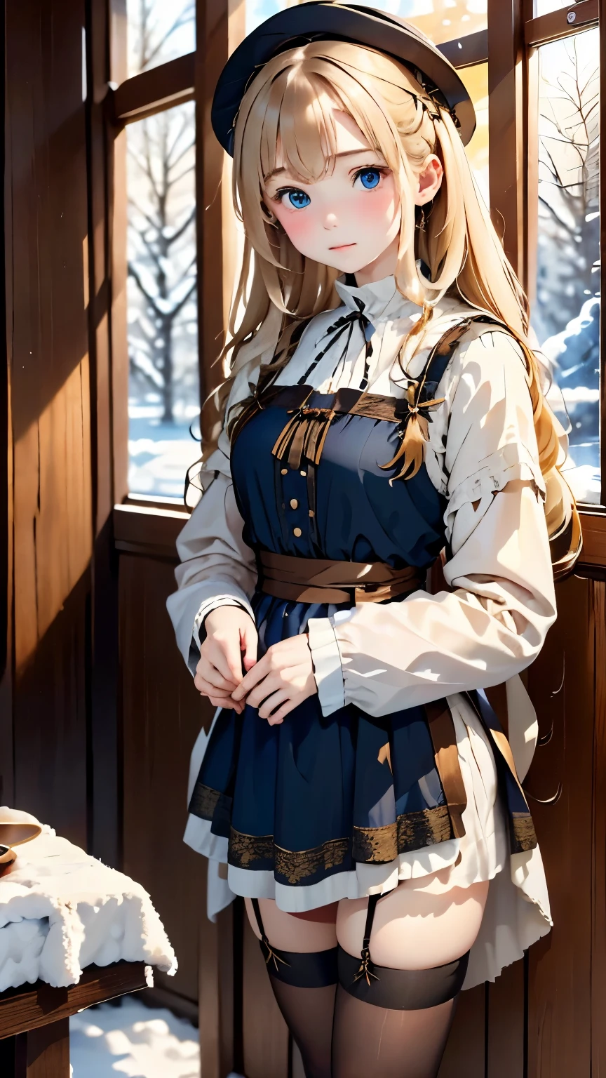 realistic ,Russian maid (19th century): a (cute young girl:1.1) with blonde hair, blue eyes, Fair skin, expensive, Wearing a dark colored dress, 長袖でフルレングスでaることが多い, Pair it with a white apron, Sometimes a small hat or scarf, (stockings:1.1). amidst the opulence of a Tsarist dacha, Featuring gorgeous woodwork, Abundant tapestries, A samovar steaming in the corner, Against the background of a snow-covered landscape seen through a frosty window. 