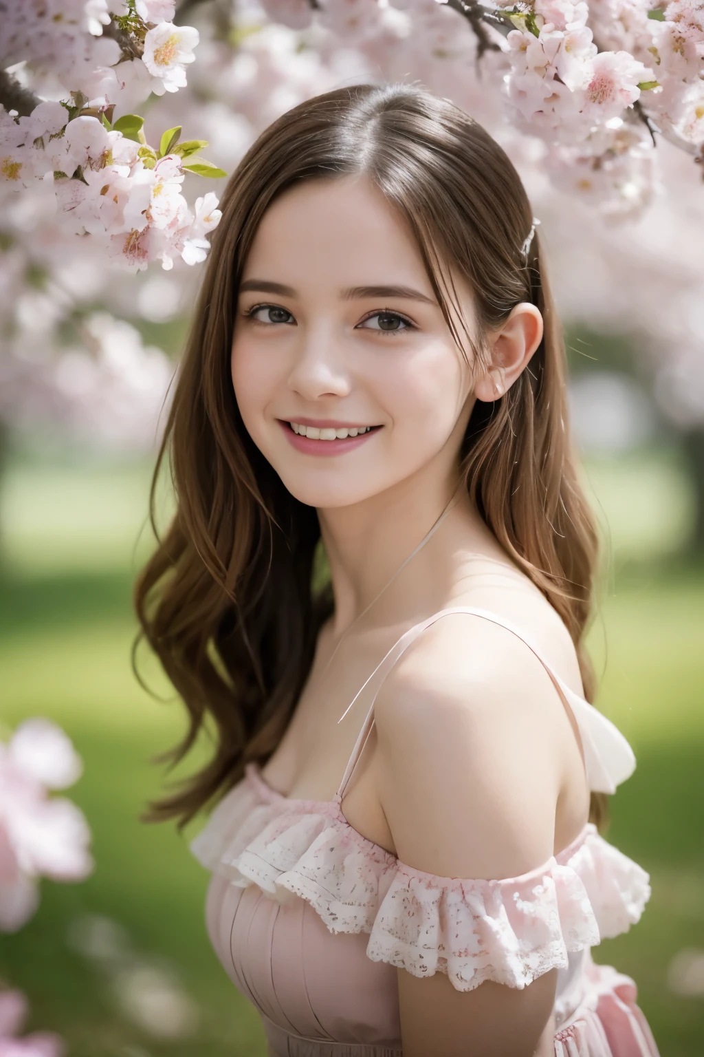 Masterpiece, Best quality, 8k, 18 ans, Photo brute, absurdes, Award-winning portrait, sourire, sourire, pure, french, pink dress, spring, , orchard in bloom, laces, famous singer