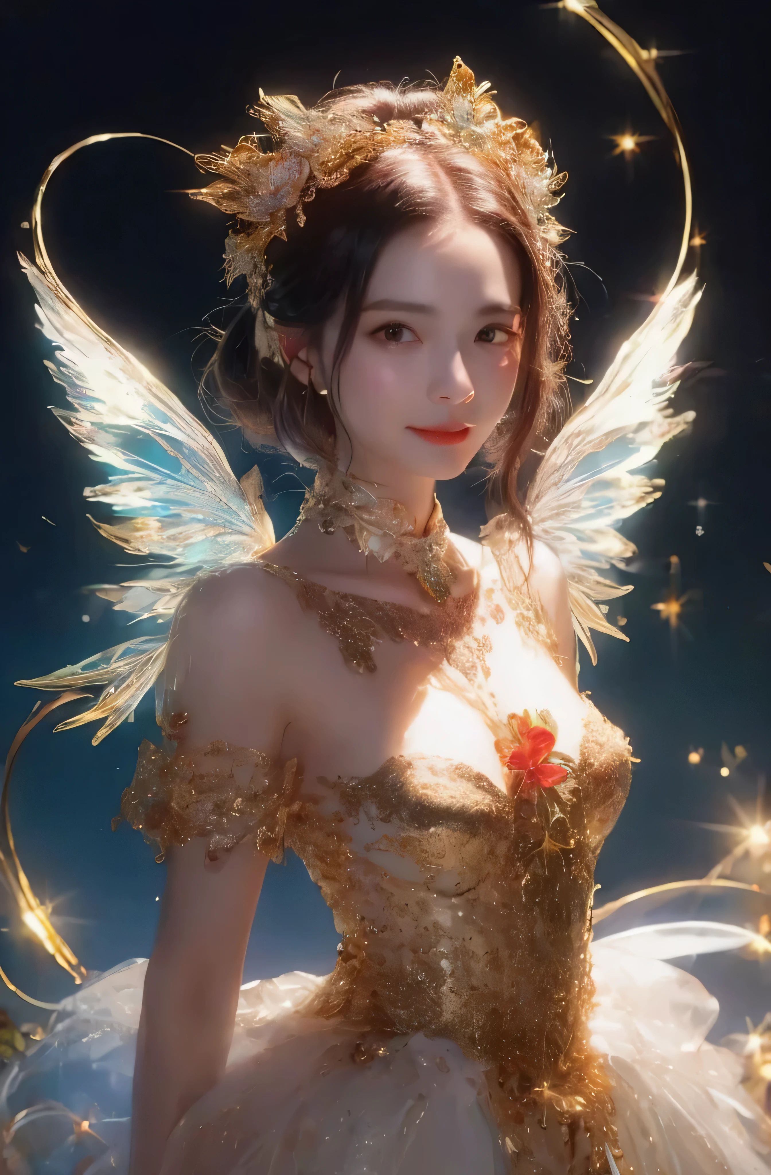 castle in the distance、face is in front、look at the camera、profile、8K、real photos、ultra high resolution, master parts, highest quality, ticker , cinematic images,nice girl、Ann、16 only、Annグロサクソン、double eyelid、droopy eyes、very big eyes、eyes are purple、dark eye shadow、lips are very thin、The tip of your nose grows beautifully.......................................................、small nose,,,,, very detailed , silver hair、straight short hair、smile、 sweet expression 、）、very clear shadows , jewelry , fine eyes, Very difficult, shiny skin , パーフェクトブリリAnnト, perfect sentence, dramatic shadow、white tiara on head、Gold necklace around the neck、White aristocratic dress with gold embroidery、glass high heels、angel wings