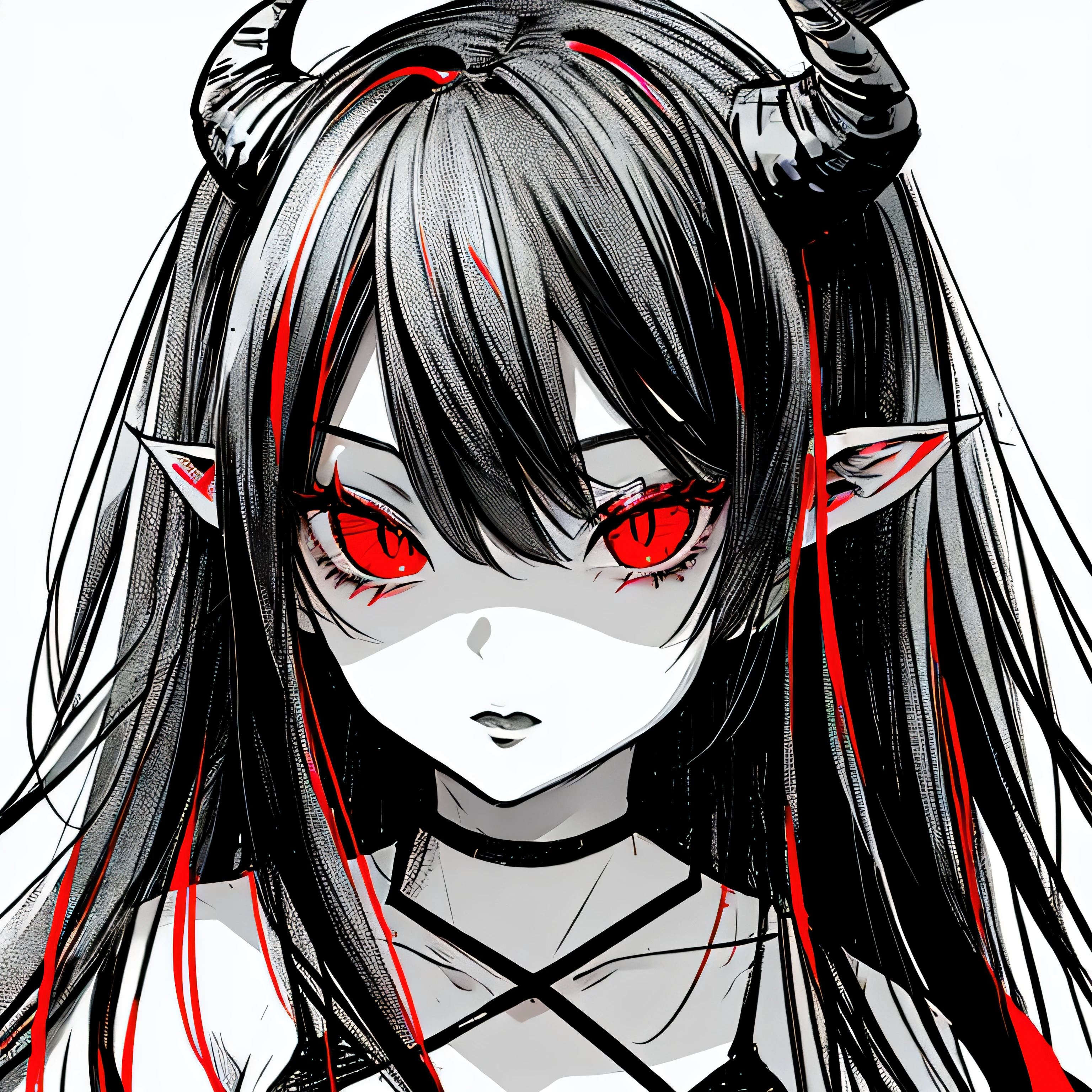 make a horror portrait of a devil horned girl with red eyes in black and white colors