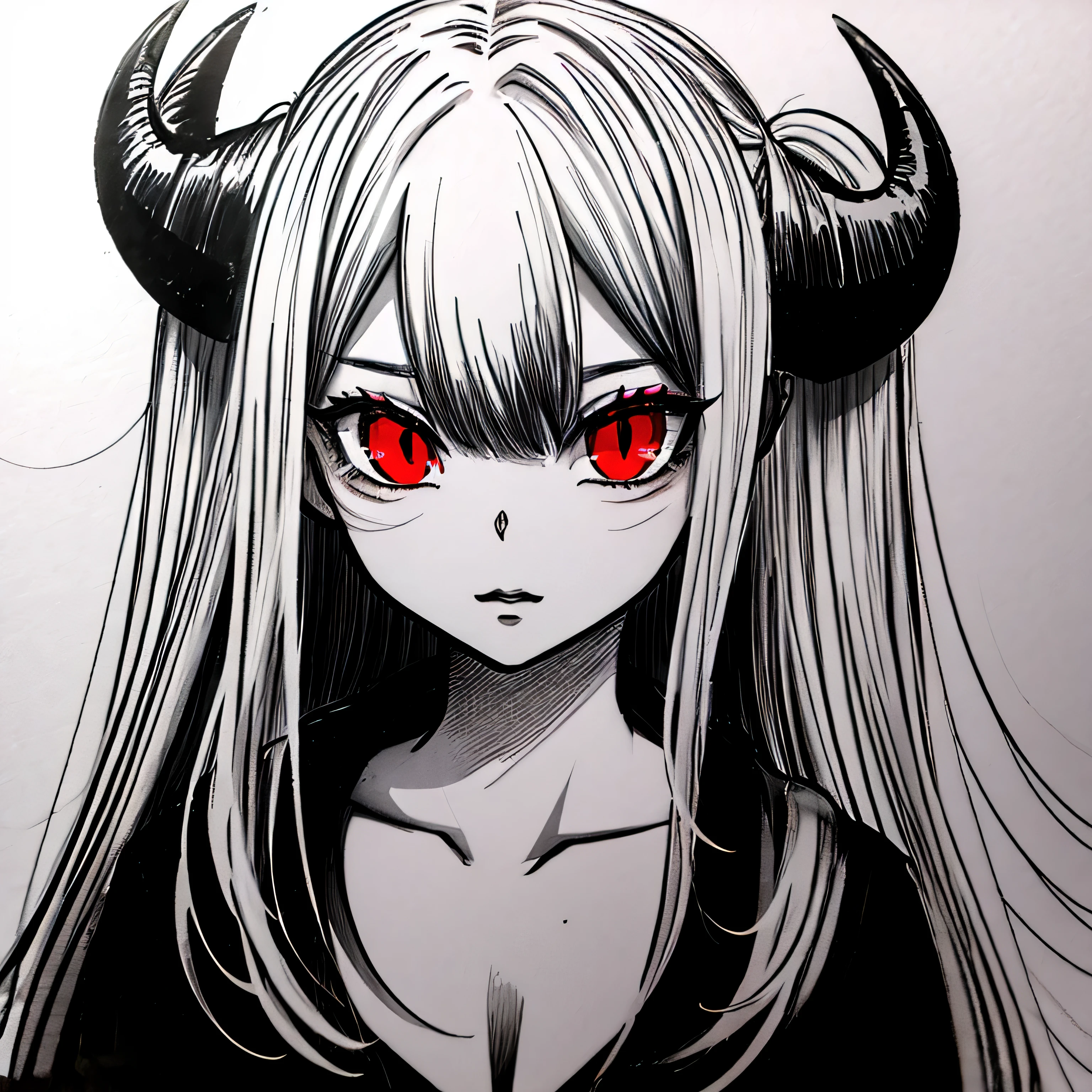 make a horror portrait of a devil horned girl with red eyes in black and white colors