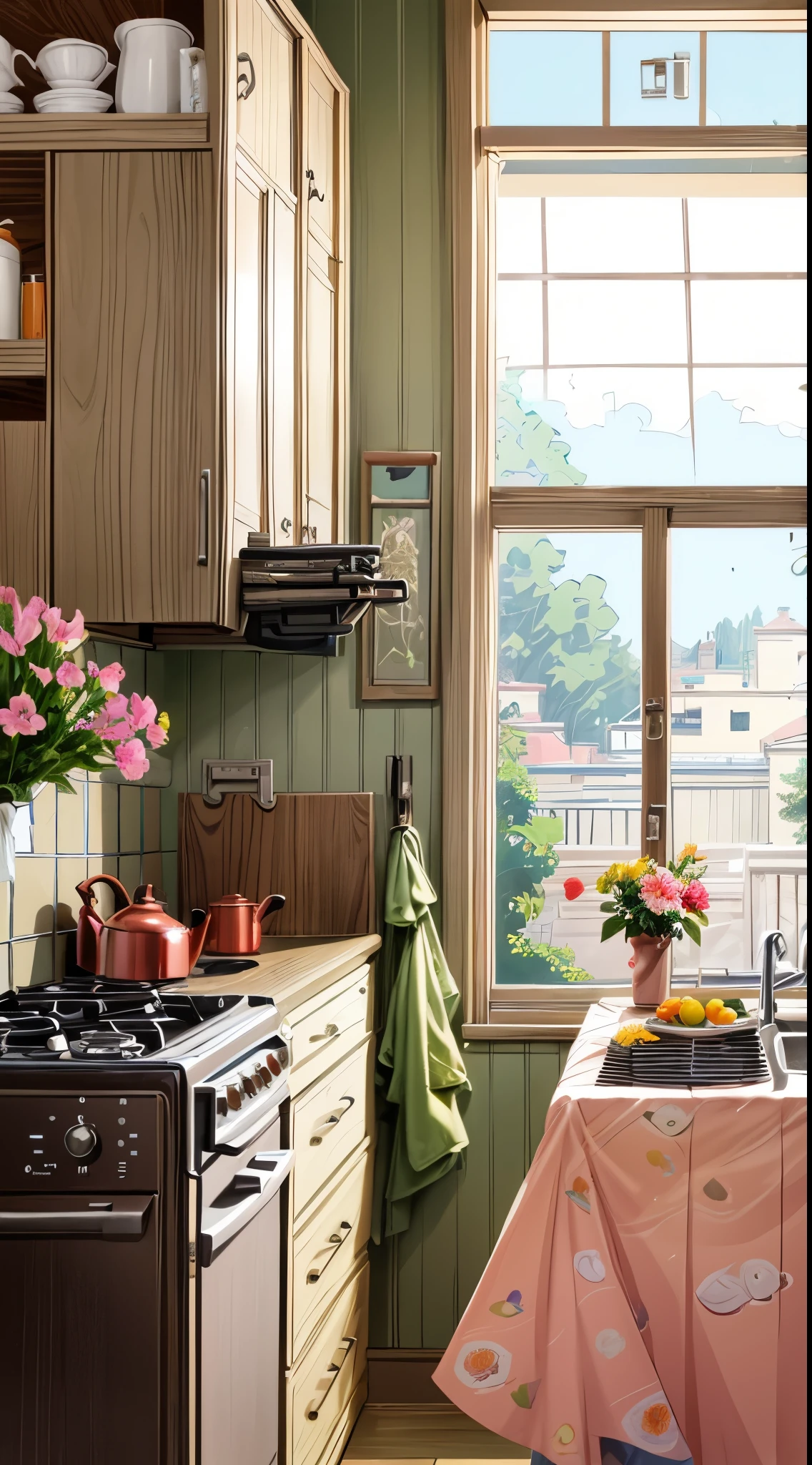 a kitchen with a stove top oven next to a window, inside a cluttered kitchen, bright window lit kitchen, blue sky, cloudy, flowers, anime style, illustration, studio Ghibli, flowers, plants, filled with flowers, cozy, homes and garden magazine, kitchen background, old kitchen backdrop, old kitchen backdrop angled view, trending on pinterest,maximalist, cute kitchen, house kitchen on a sunny day, colorful copper brass accents, houzz, beautiful 3 d rendering, architectural digest photo
