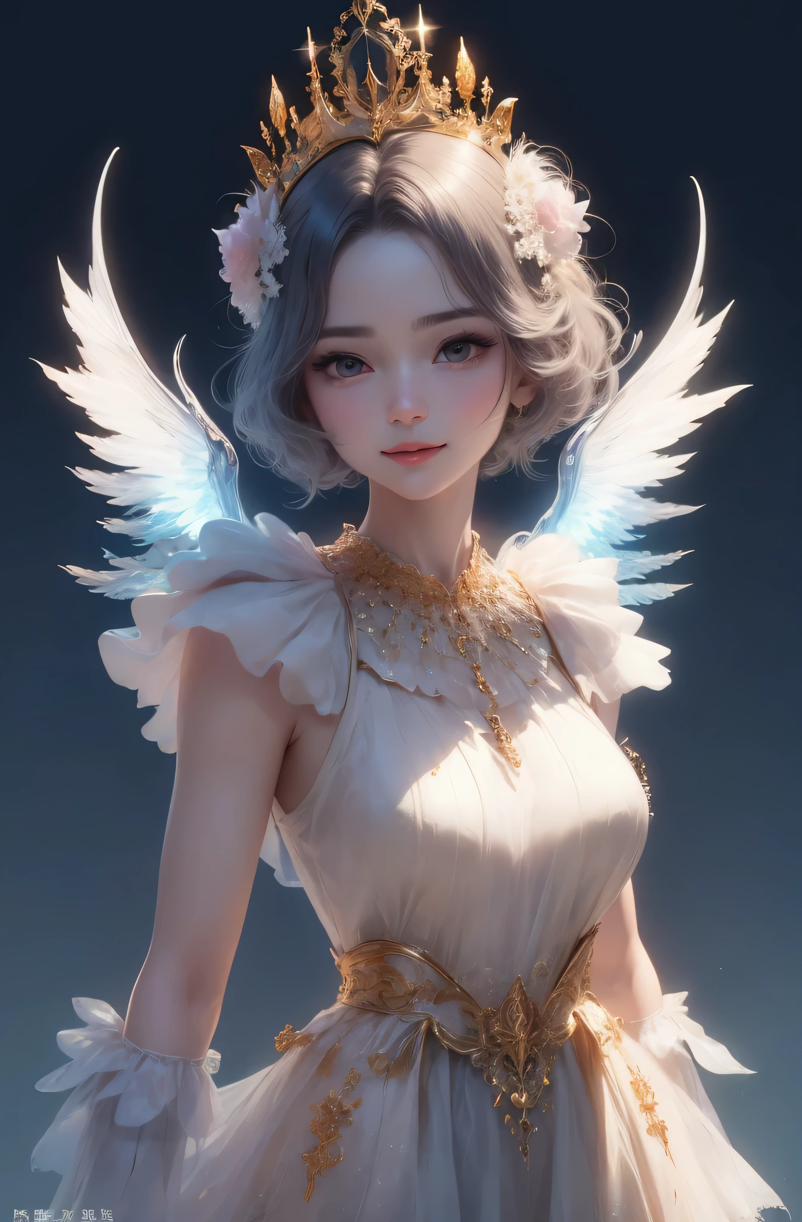 castle in the distance、face is in front、look at the camera、profile、8K、real photos、ultra high resolution, master parts, highest quality, ticker , cinematic images,nice girl、Ann、16 only、Annグロサクソン、double eyelid、droopy eyes、very big eyes、eyes are purple、dark eye shadow、lips are very thin、The tip of your nose grows beautifully.......................................................、small nose,,,,, very detailed , silver hair、straight short hair、smile、 sweet expression 、)、very clear shadows , jewelry , fine eyes, Very difficult, shiny skin , パーフェクトブリリAnnト, perfect sentence, dramatic shadow、white tiara on head、Gold necklace around the neck、White aristocratic dress with gold embroidery、glass high heels、angel wings