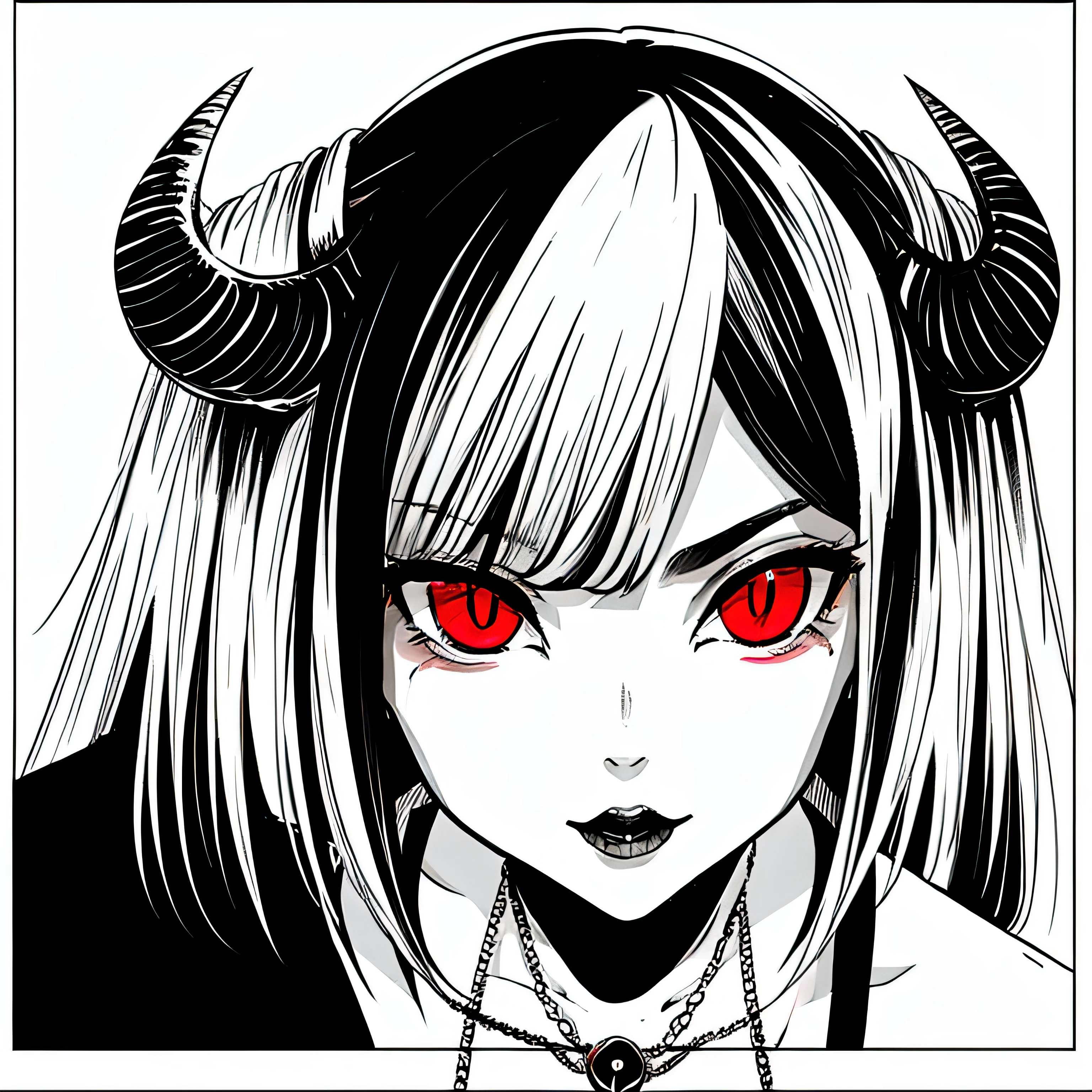 make a horror portrait of a devil horned girl with red eyes in black and white colors