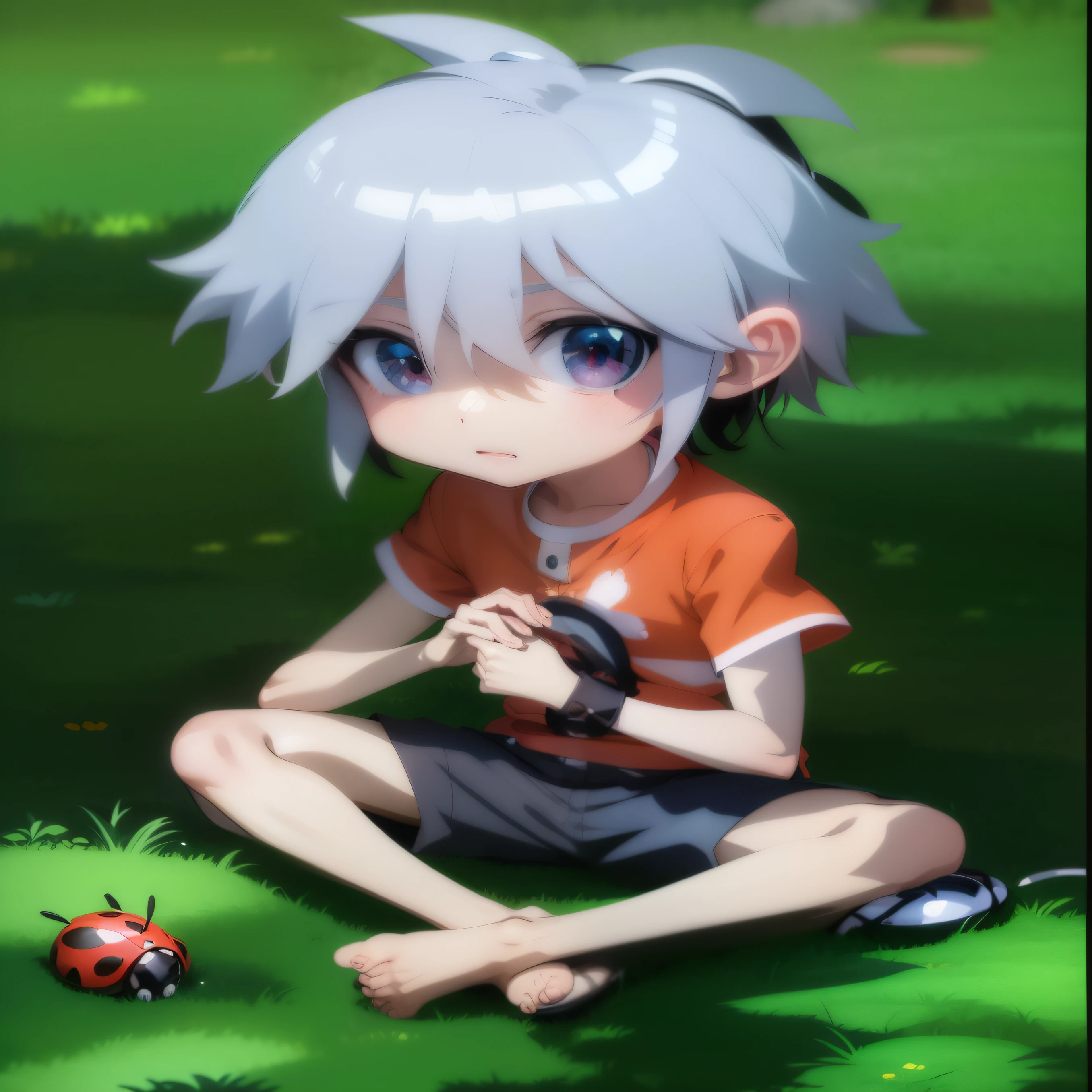 anime boy sitting on the ground with a ladybug in the grass, anime boy, anime lush john 8k forest, Produced by Anime Painter Studio, Killua Zoldyck brunette, Kaoru Nagisa, stylized anime, 2D anime style, official art, Anime cute art style, Anime style 3D, young anime man, anime stylization