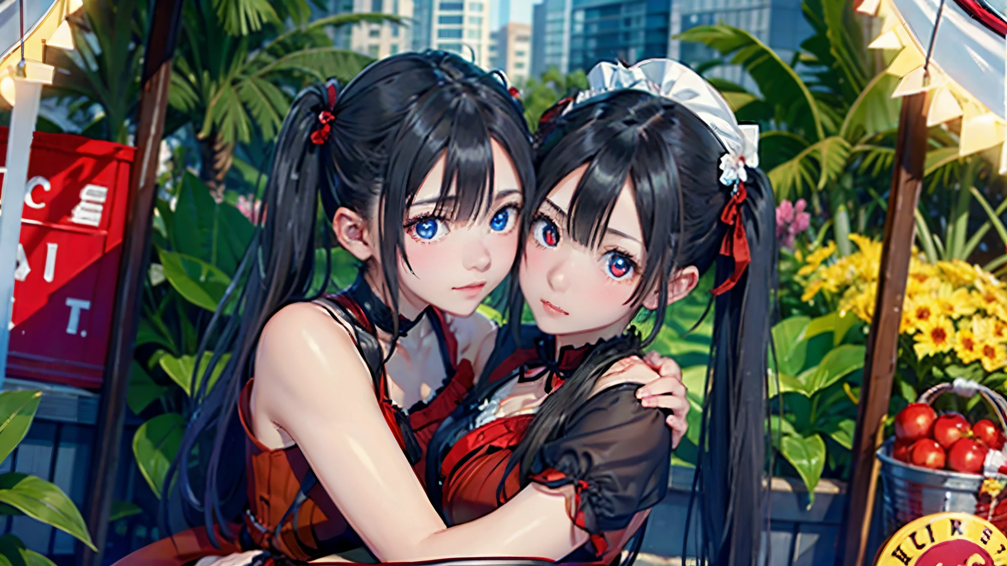beautiful twins portrait, two beautiful girls, black pigtails, beautiful science fiction twins, twin tails, trending on cgstation, twin tails hairstyle, beautiful gemini, , Trending on cgstation, wlop and sakimichan, Gwaites style artwork、(((red dress、red eyes)))、(((white dress、blue eyes))),(((hug)))、red eyes、blue eyes